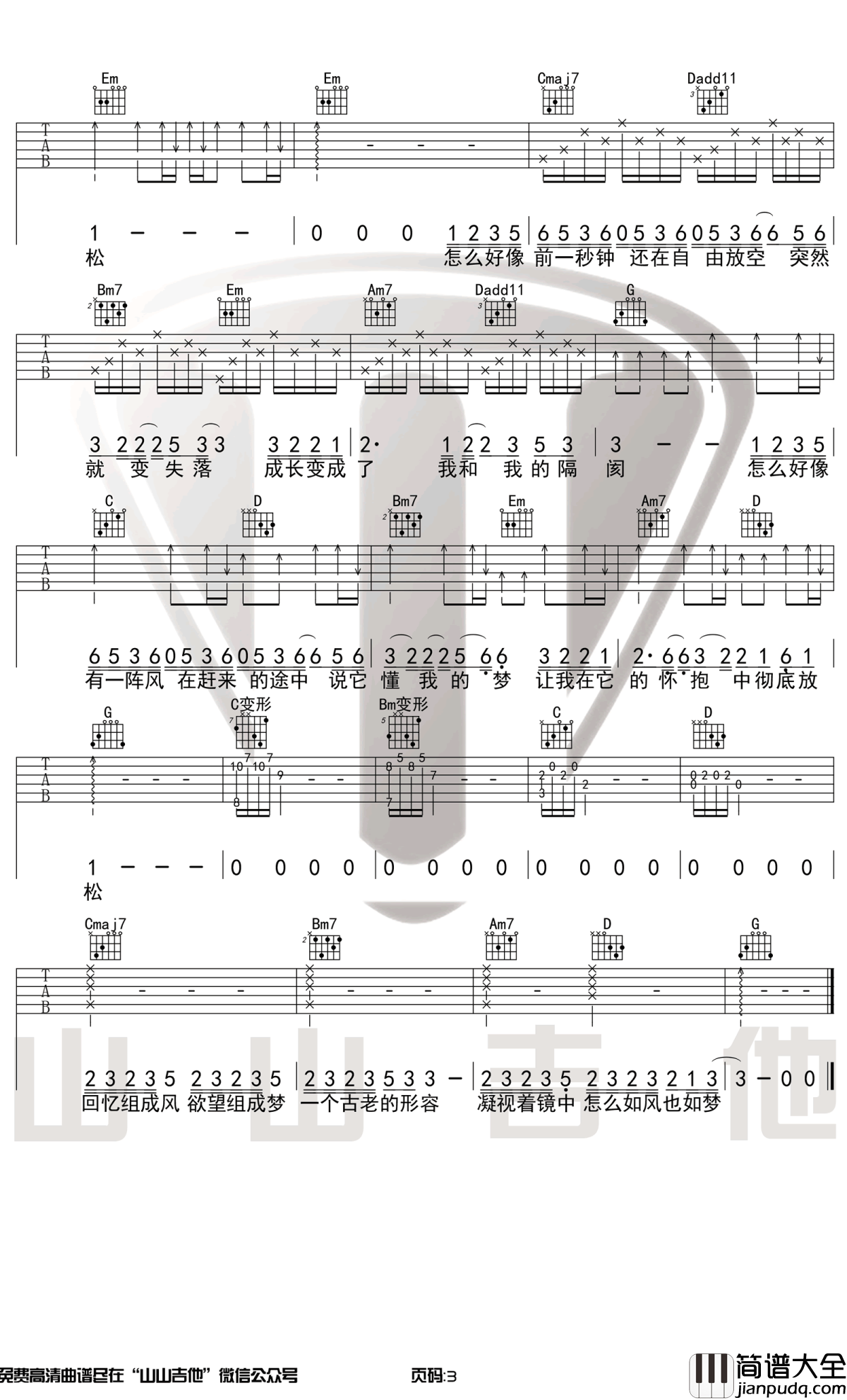 陈粒_空空_吉他谱_G调原版_吉他弹唱演示视频