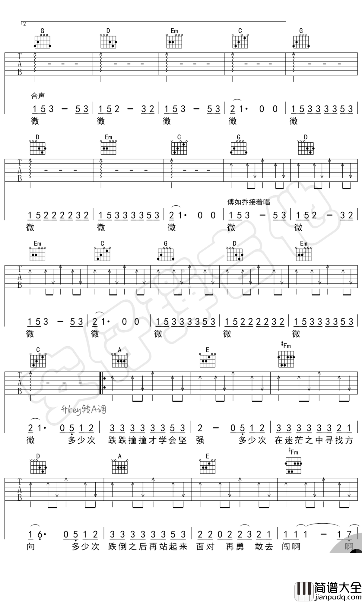 傅如乔_微微_吉他谱_G调指法_示范教学视频