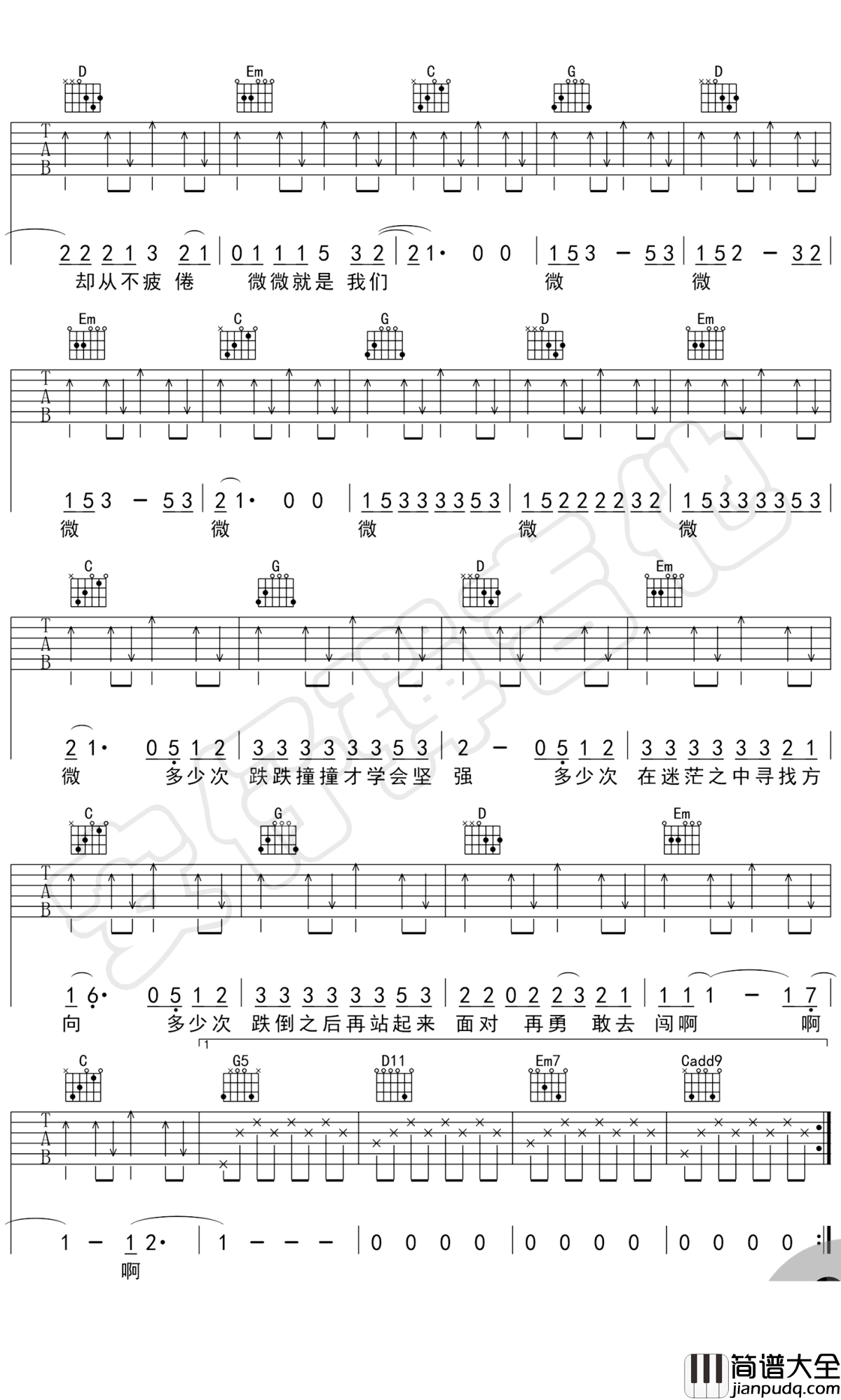 傅如乔_微微_吉他谱_G调指法_示范教学视频