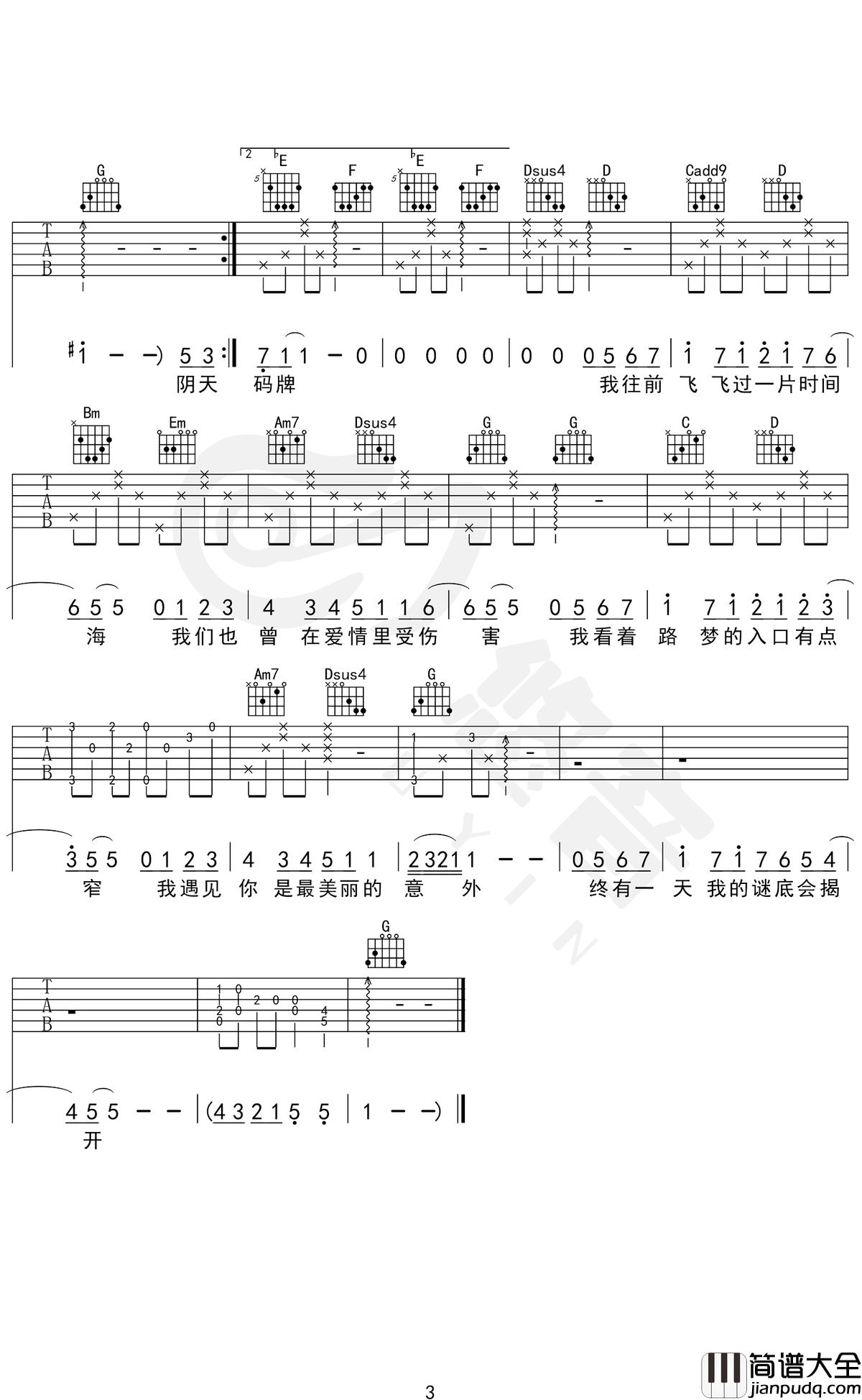 遇见吉他谱_孙燕姿_G调