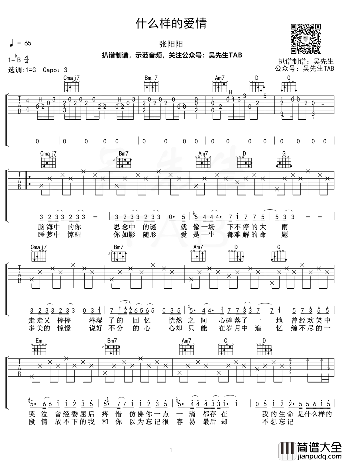 什么样的爱情吉他谱_张阳阳_G调弹唱六线谱【附示范音频】