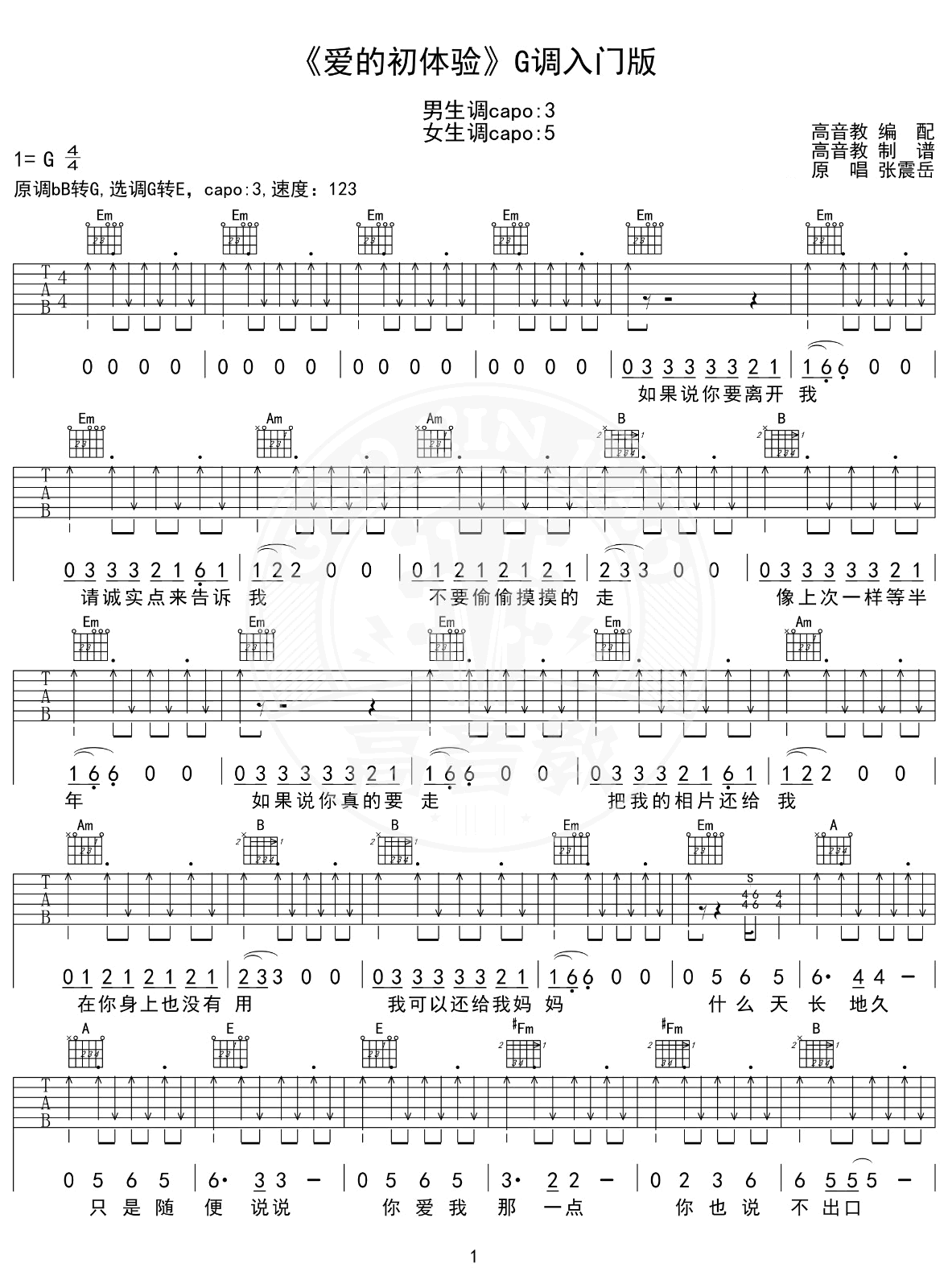 爱的初体验吉他谱_G调简单版_新手入门弹唱谱