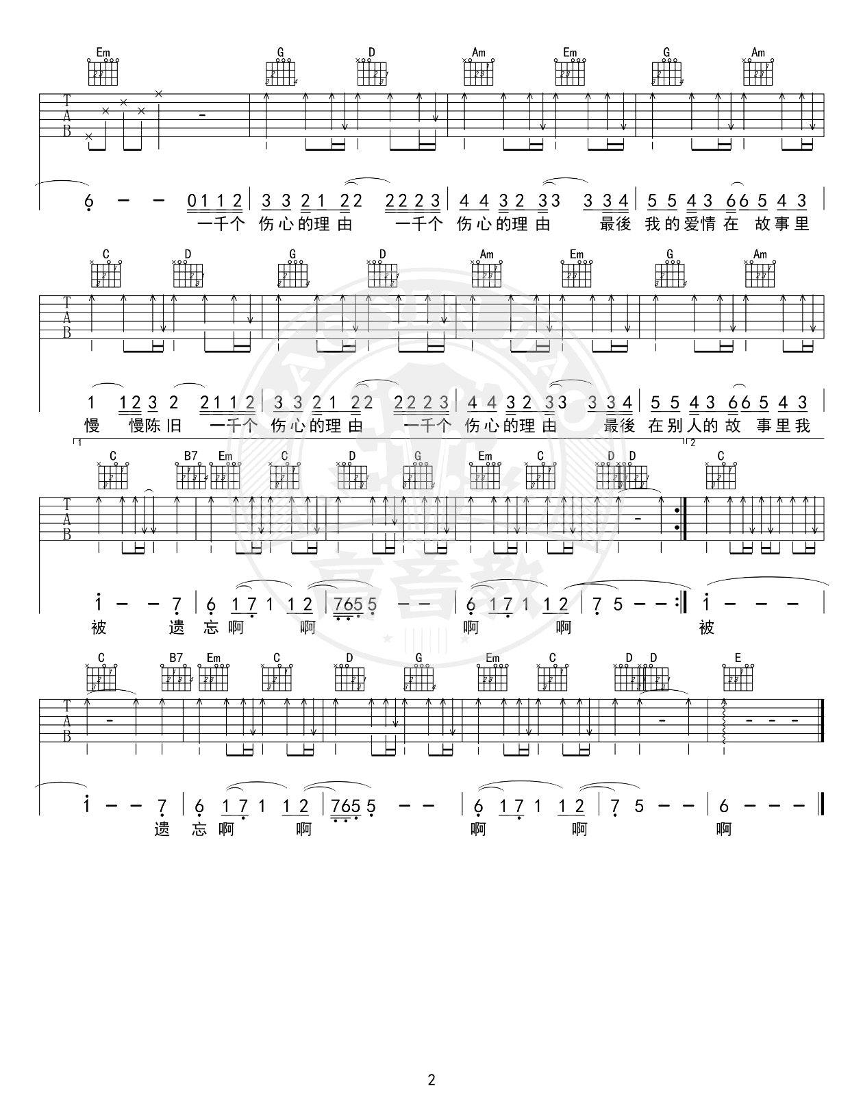 一千个伤心的理由吉他谱_G调简单版_张学友_入门弹唱谱