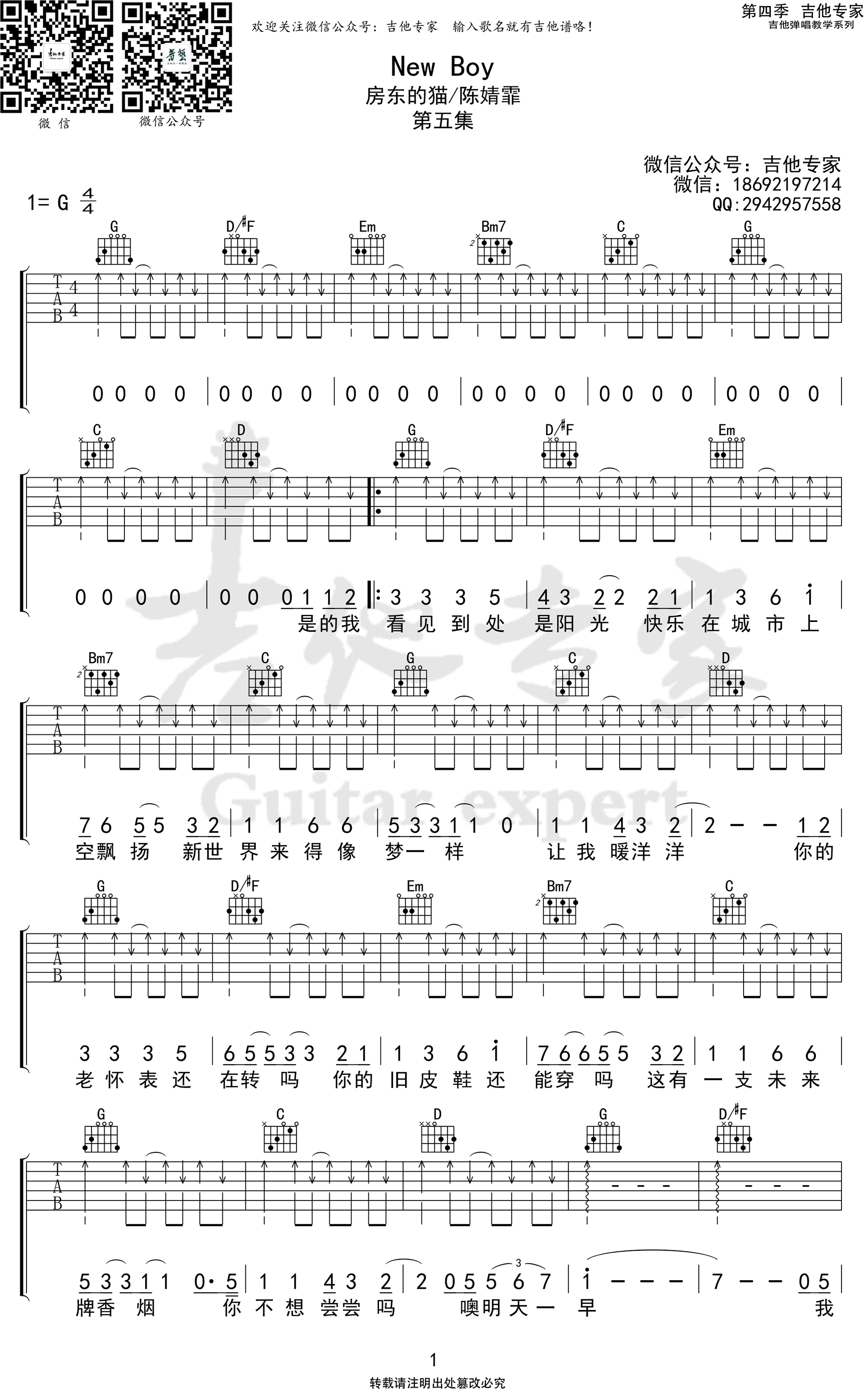 New_Boy吉他谱_房东的猫/陈婧霏_G调弹唱谱_高清六线谱