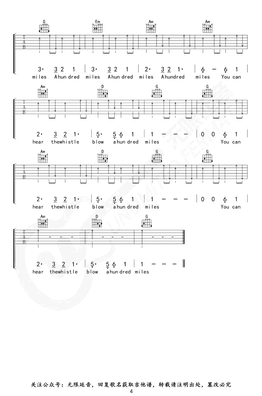 500_Miles吉他谱_G调弹唱谱__醉乡民谣_吉他六线谱