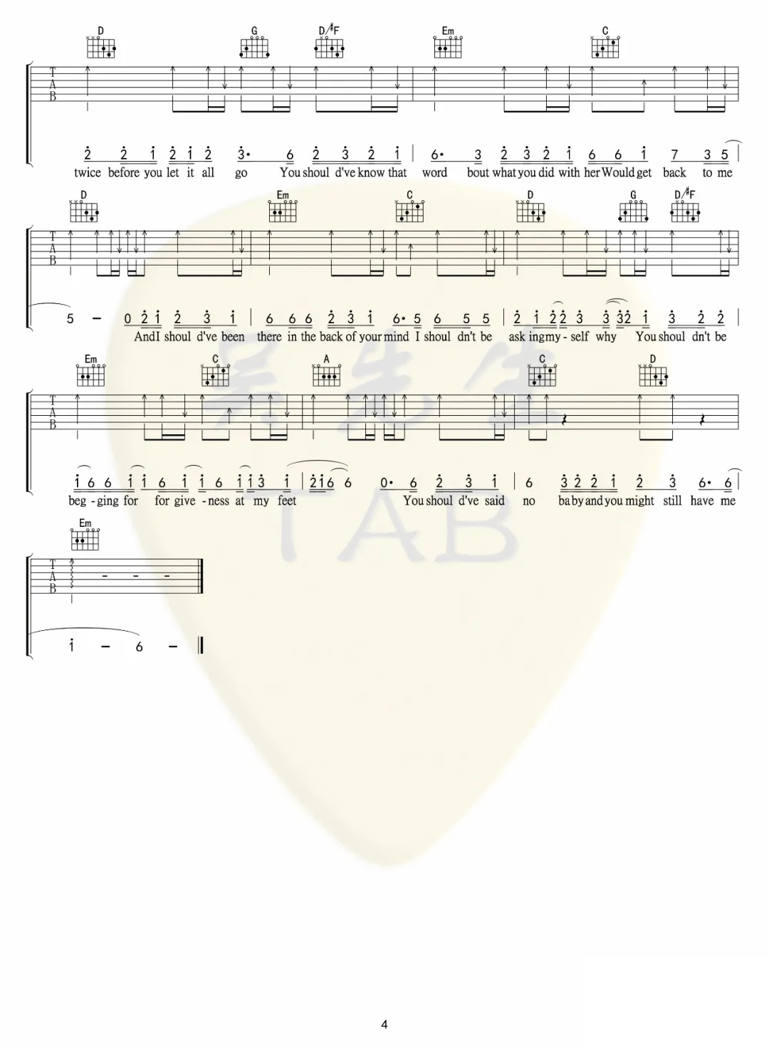 _Should_ve_Said_No_吉他谱_Taylor_Swift_G调高清弹唱六线谱