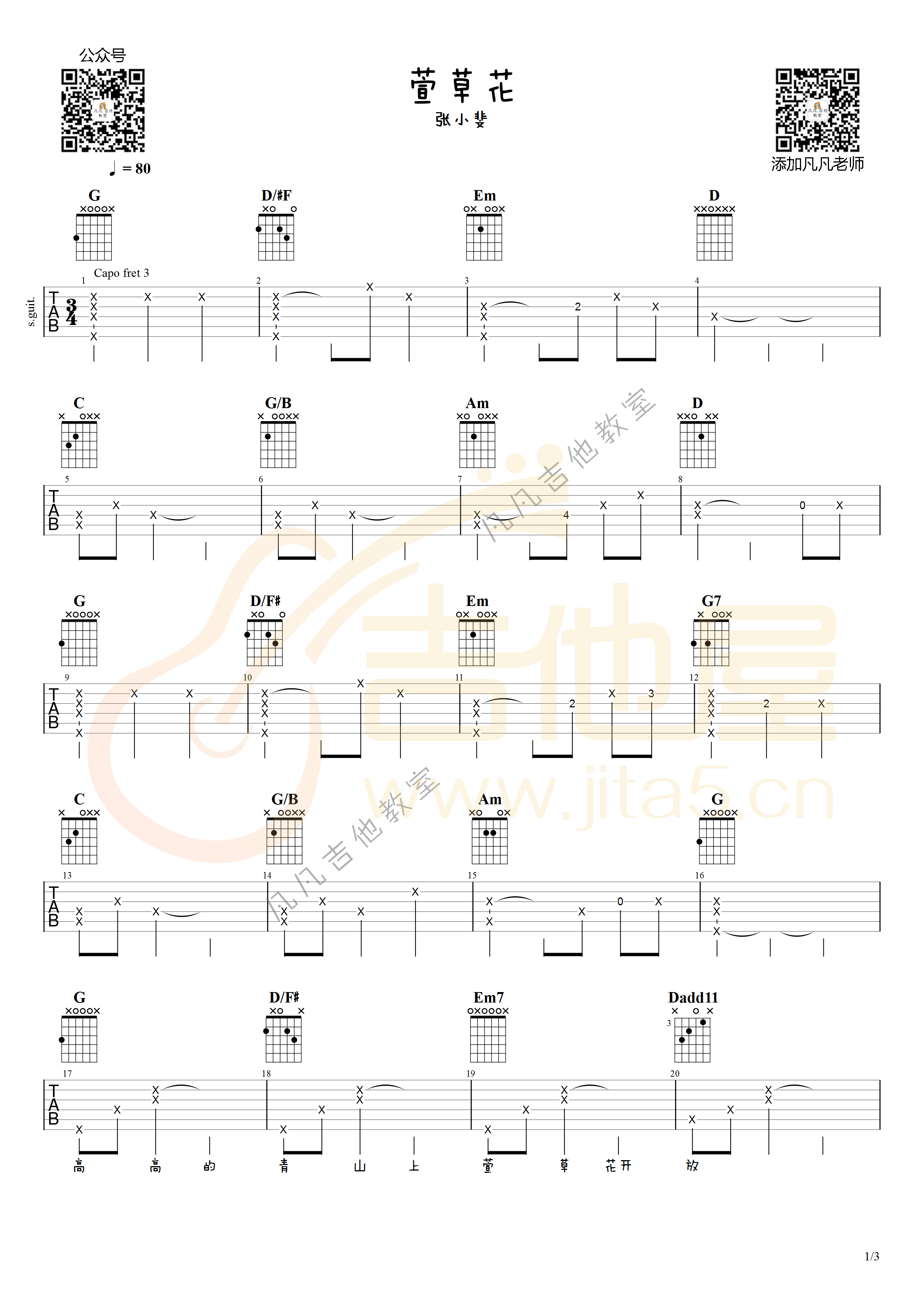 萱草花吉他谱_张小斐__萱草花_G调弹唱六线谱