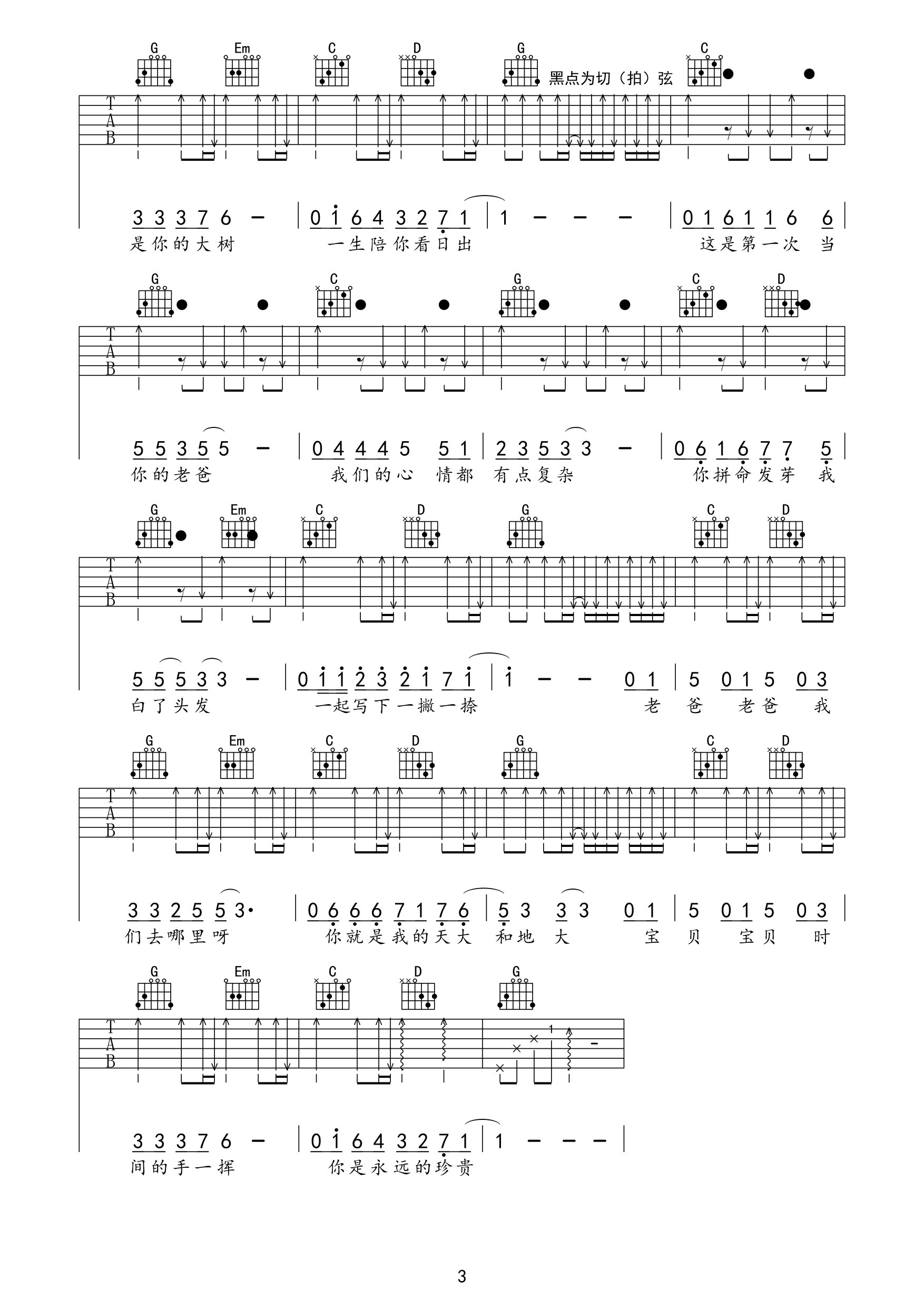 _爸爸去哪儿_吉他谱_曹格_G调原版弹唱六线谱