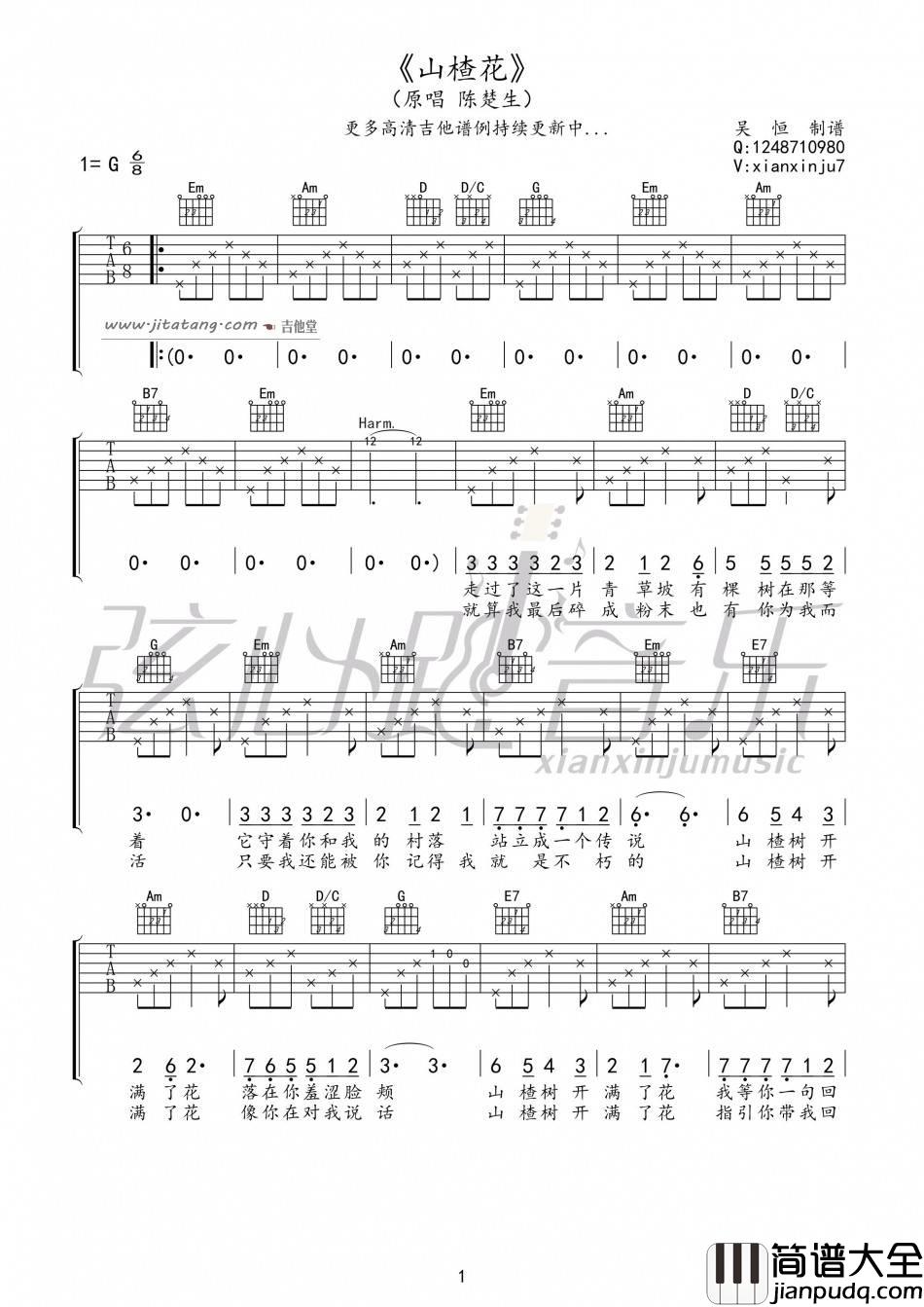山楂花吉他谱_陈楚生__山楂花_G调弹唱六线谱