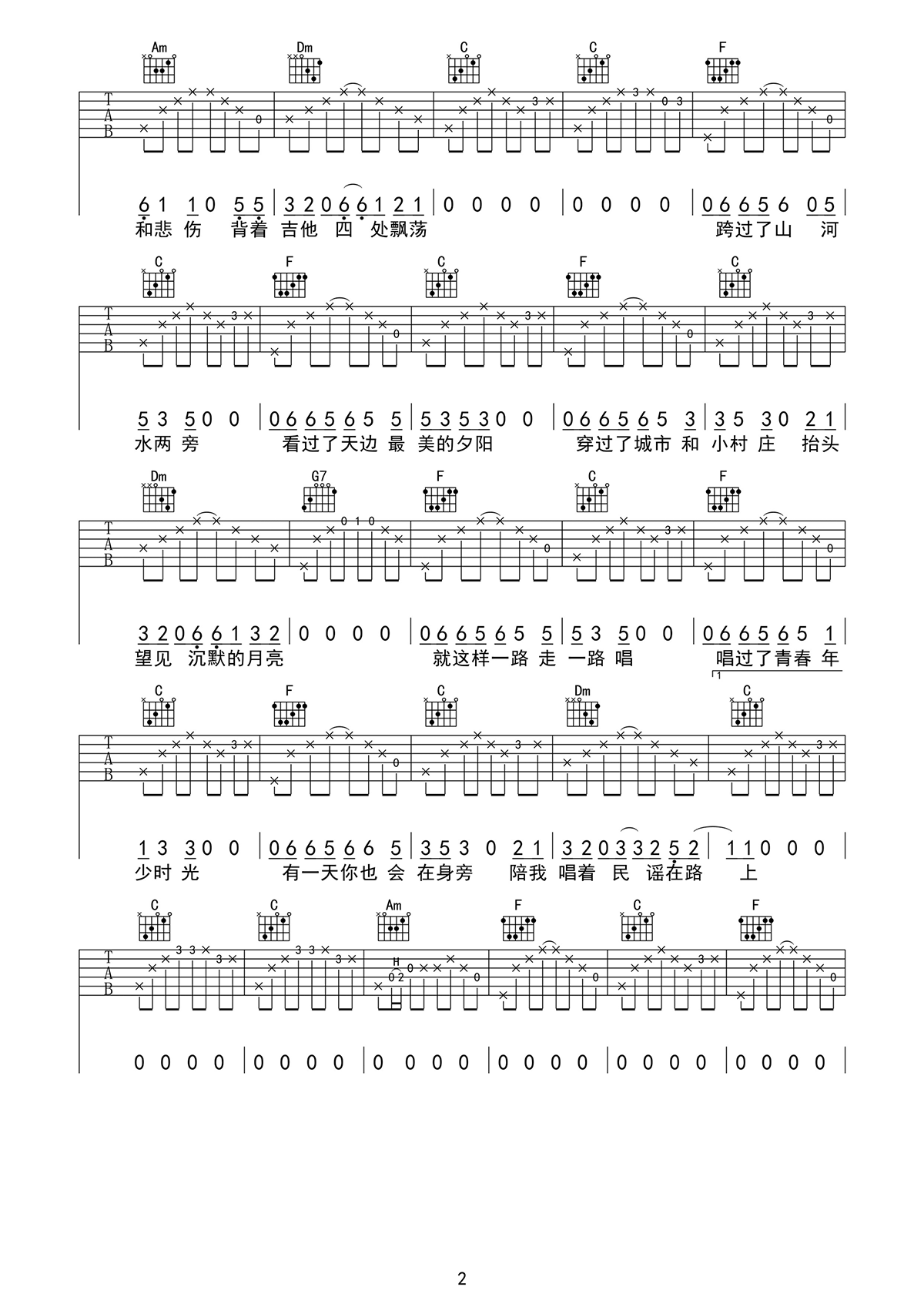_民谣在路上_吉他谱_前冲乐队_G调弹唱六线谱