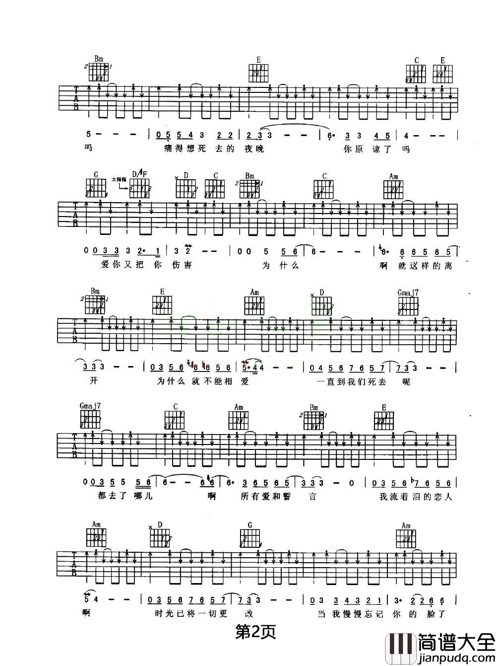 _我爱你再见_吉他谱_朴树_G调弹唱六线谱
