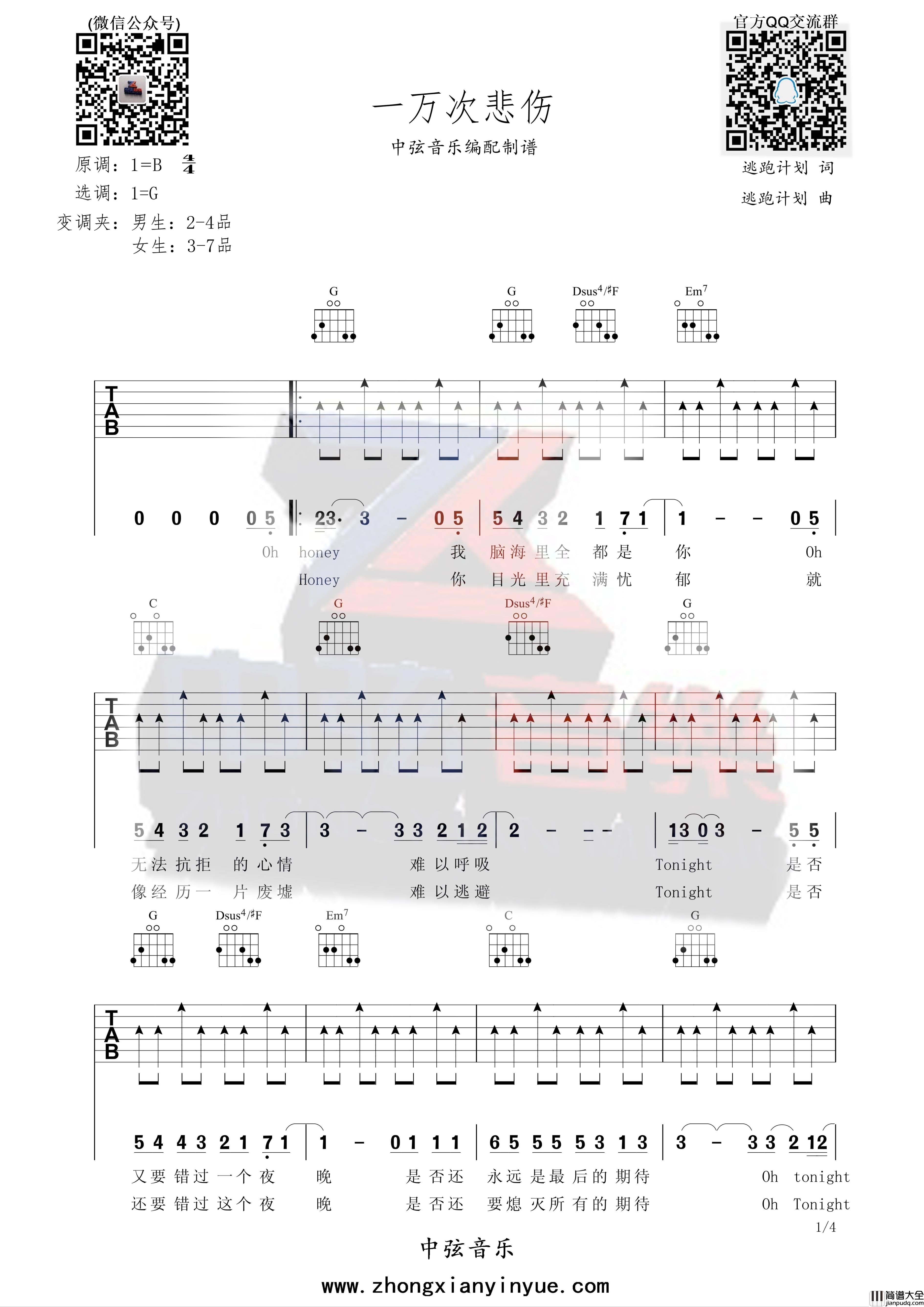 _一万次悲伤_吉他谱_逃跑计划_G调六线谱_吉他弹唱教学
