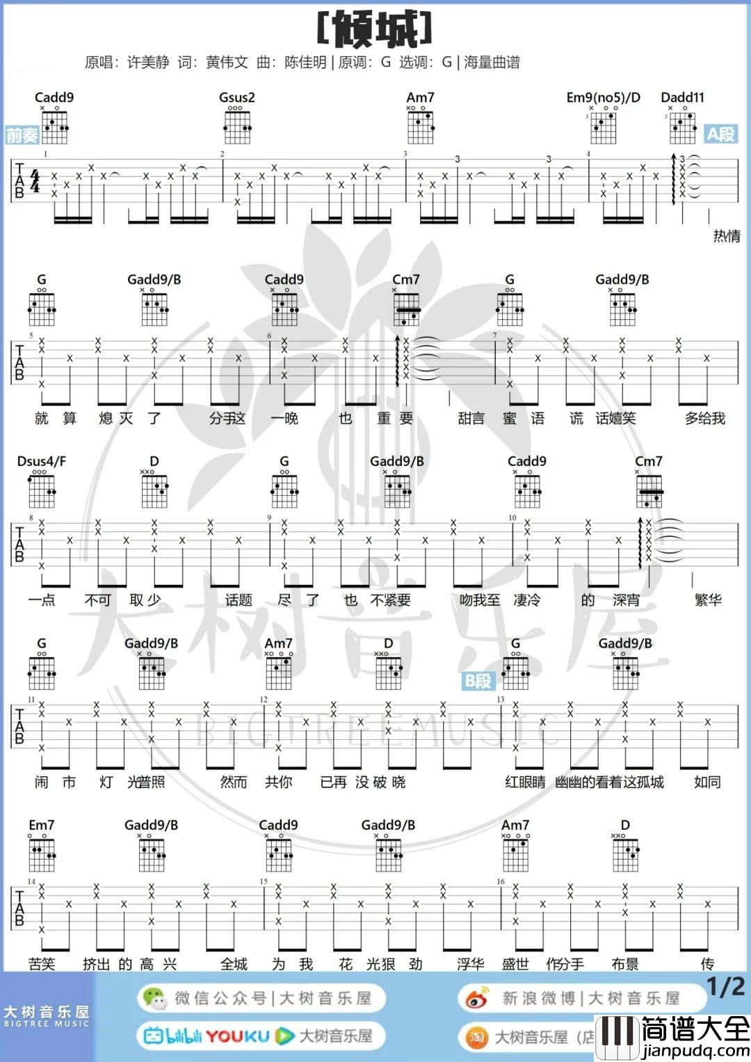 倾城吉他谱_陈奕迅/许美静__倾城_G调六线谱_吉他弹唱教学
