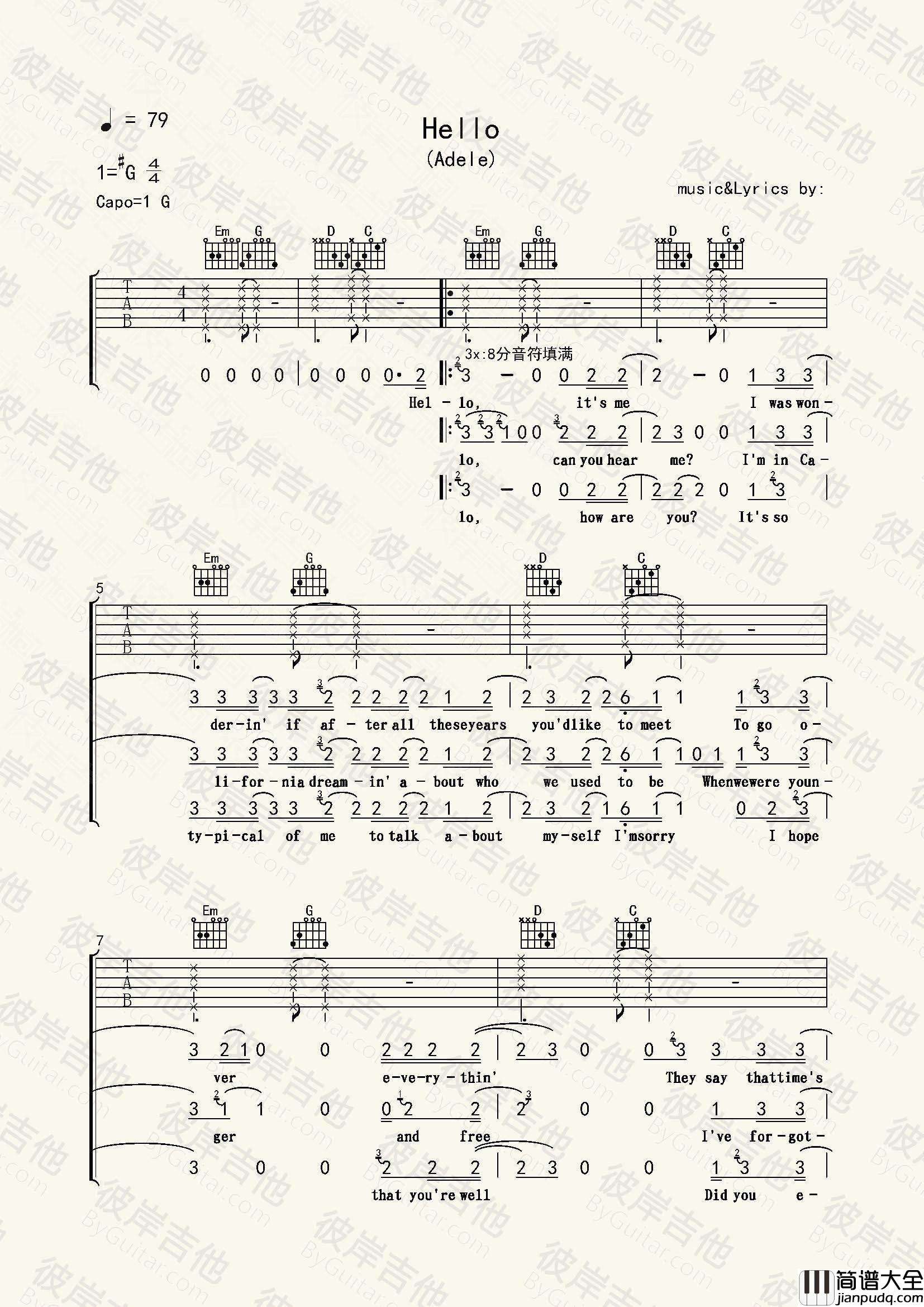 Hello吉他谱_Adele阿黛尔__Hello_G调原版弹唱谱_高清六线谱