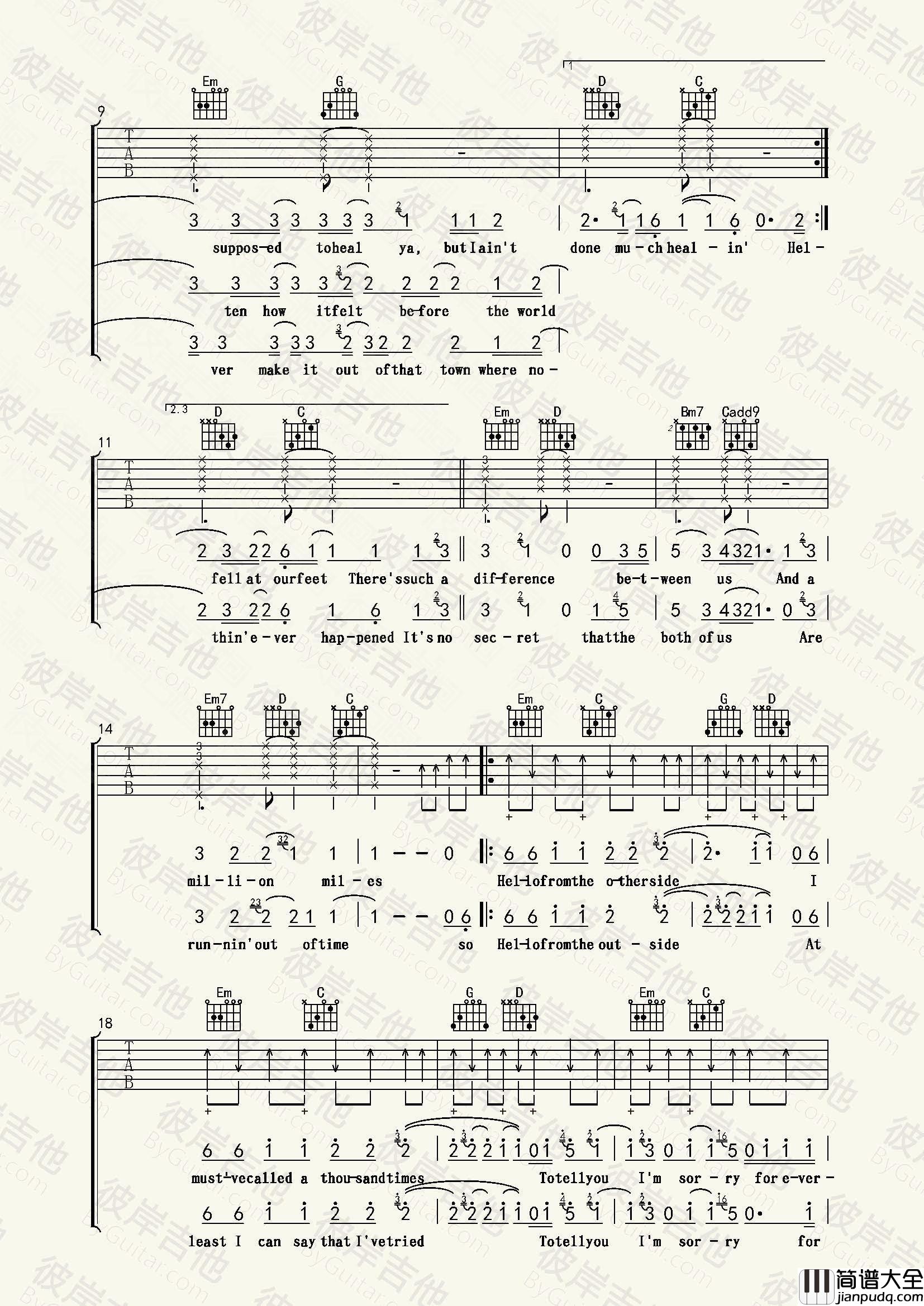 Hello吉他谱_Adele阿黛尔__Hello_G调原版弹唱谱_高清六线谱