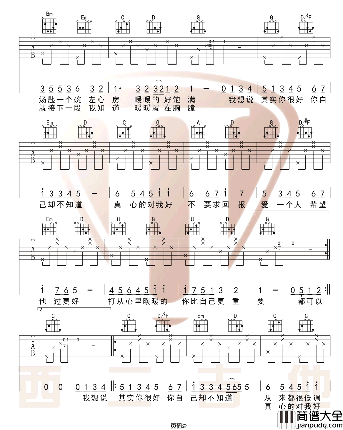 暖暖吉他谱_梁静茹__暖暖_G调原版六线谱_吉他弹唱教学