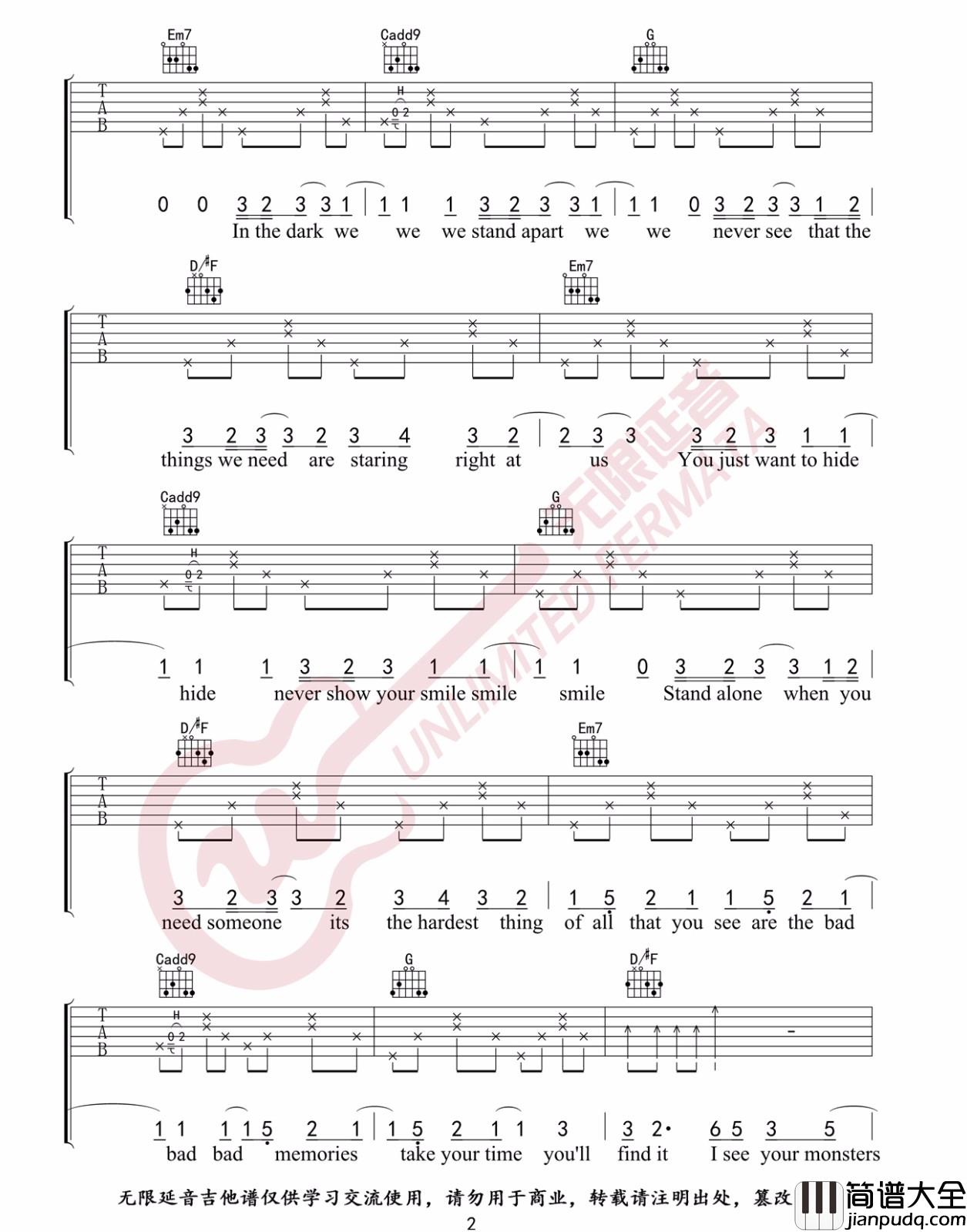 _Monsters_吉他谱_Katie_Sky_G调原版弹唱谱_高清六线谱