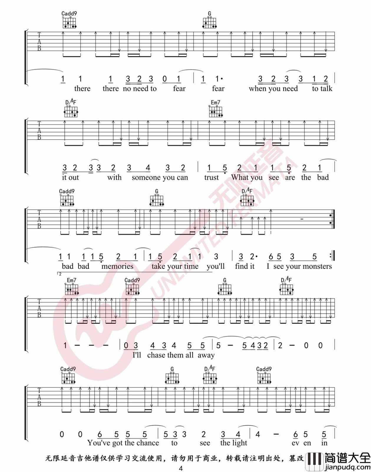 _Monsters_吉他谱_Katie_Sky_G调原版弹唱谱_高清六线谱