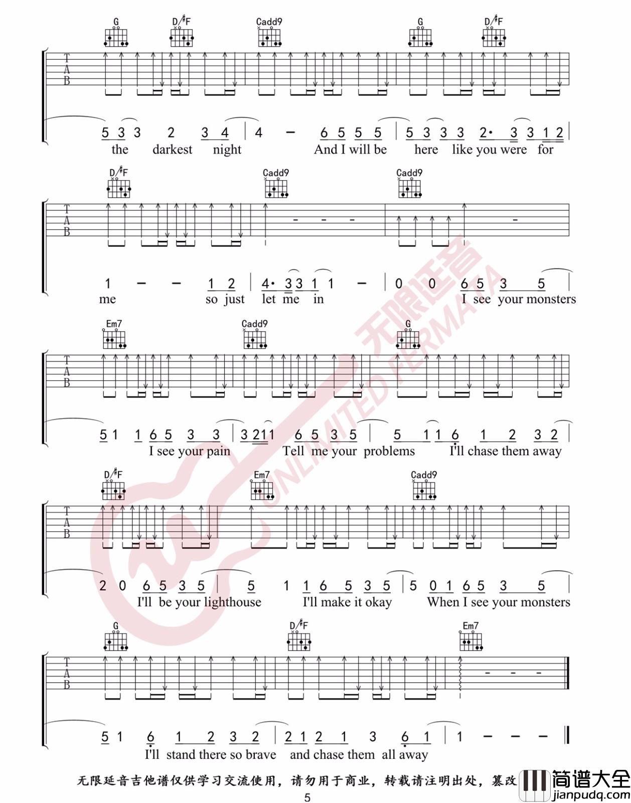 _Monsters_吉他谱_Katie_Sky_G调原版弹唱谱_高清六线谱