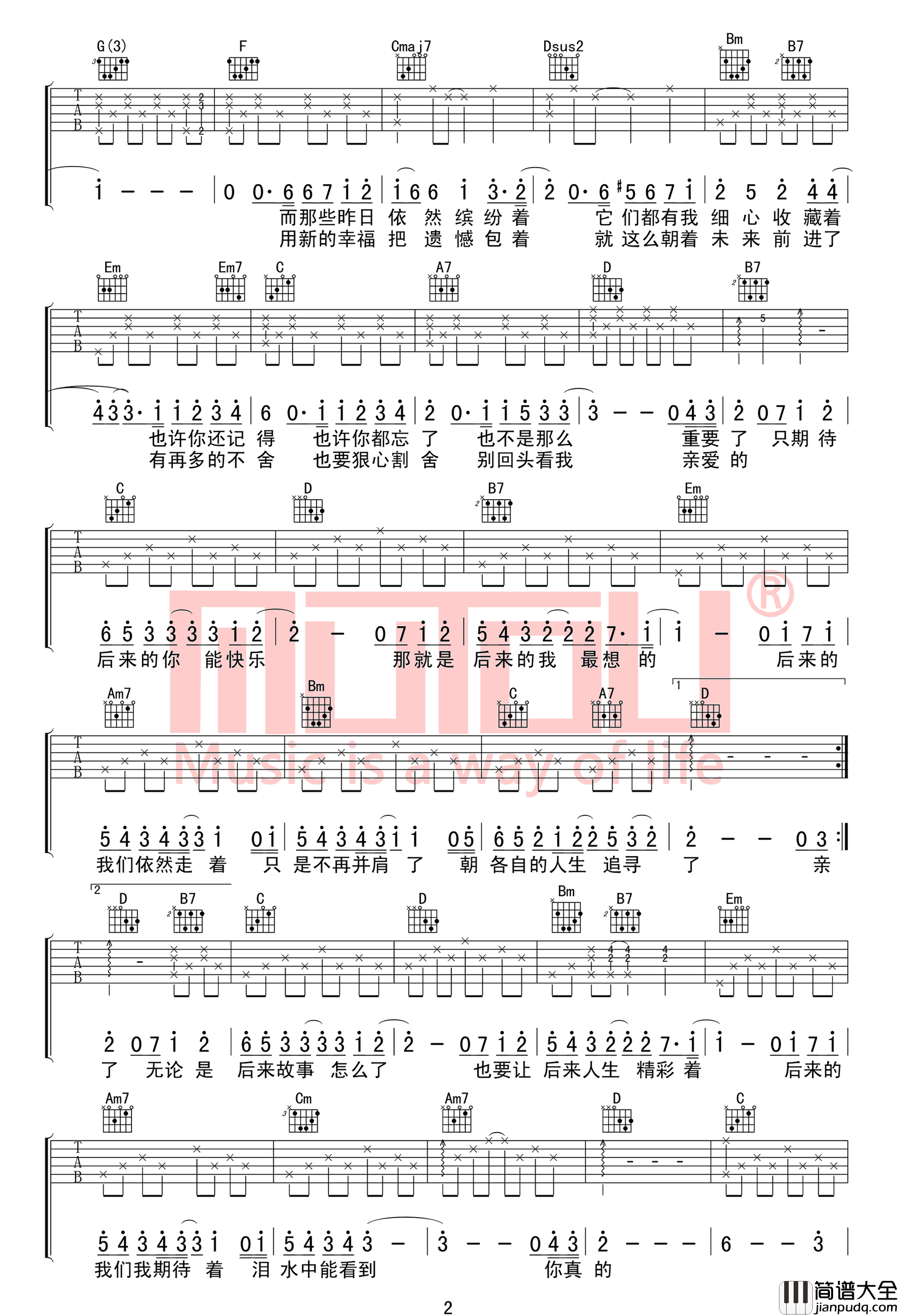 _后来的我们_吉他谱_五月天_G调原版弹唱六线谱