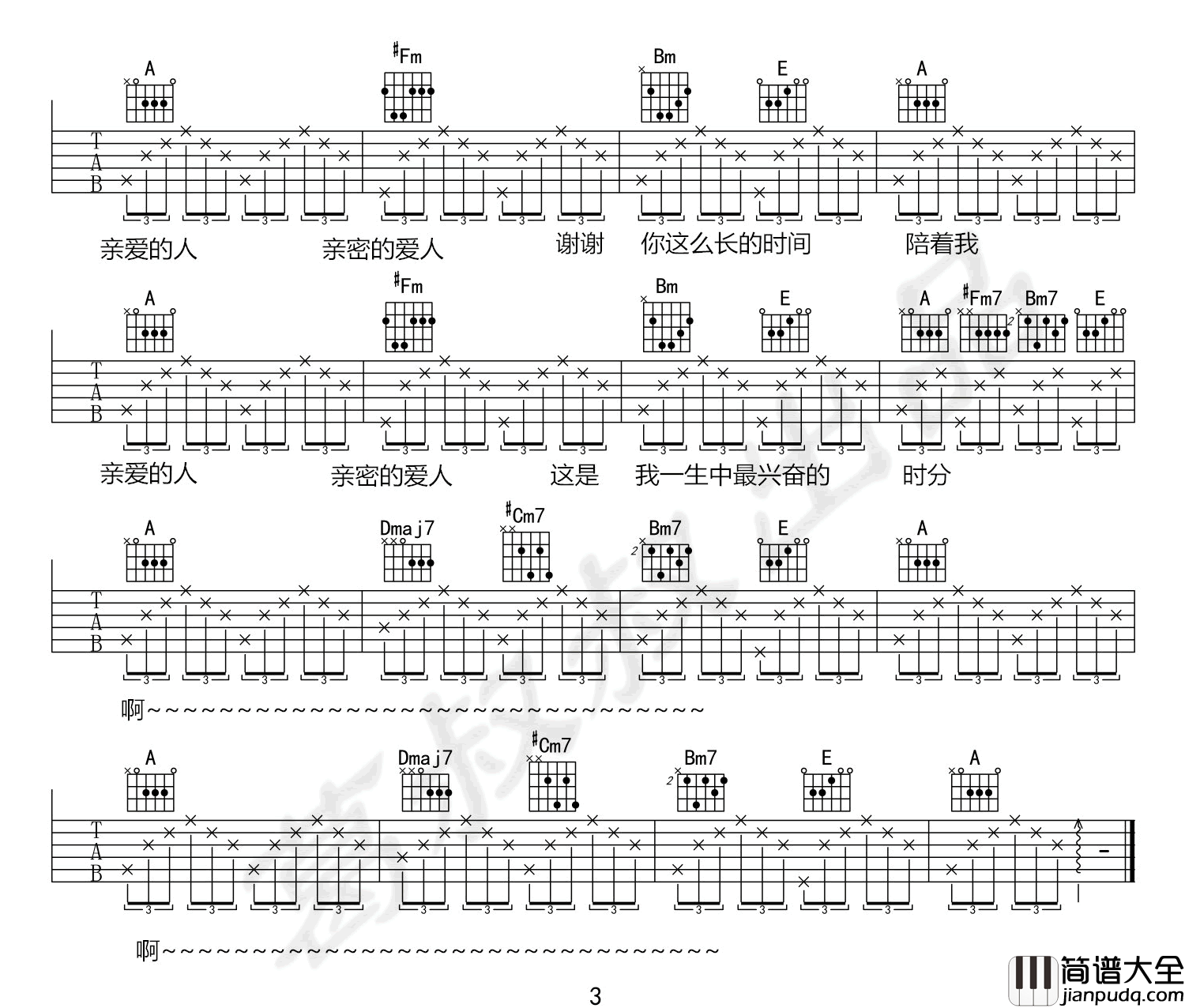 _亲密爱人_吉他谱_王晰_G调原版弹唱六线谱
