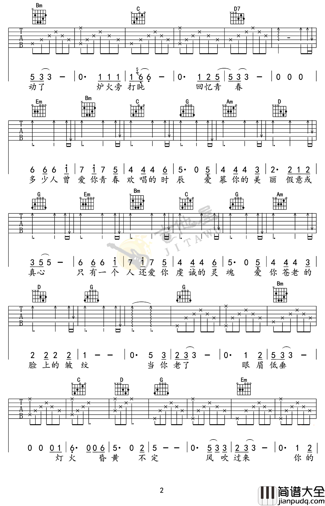 莫文蔚_当你老了_G调弹唱吉他六线谱_图片谱_女生版