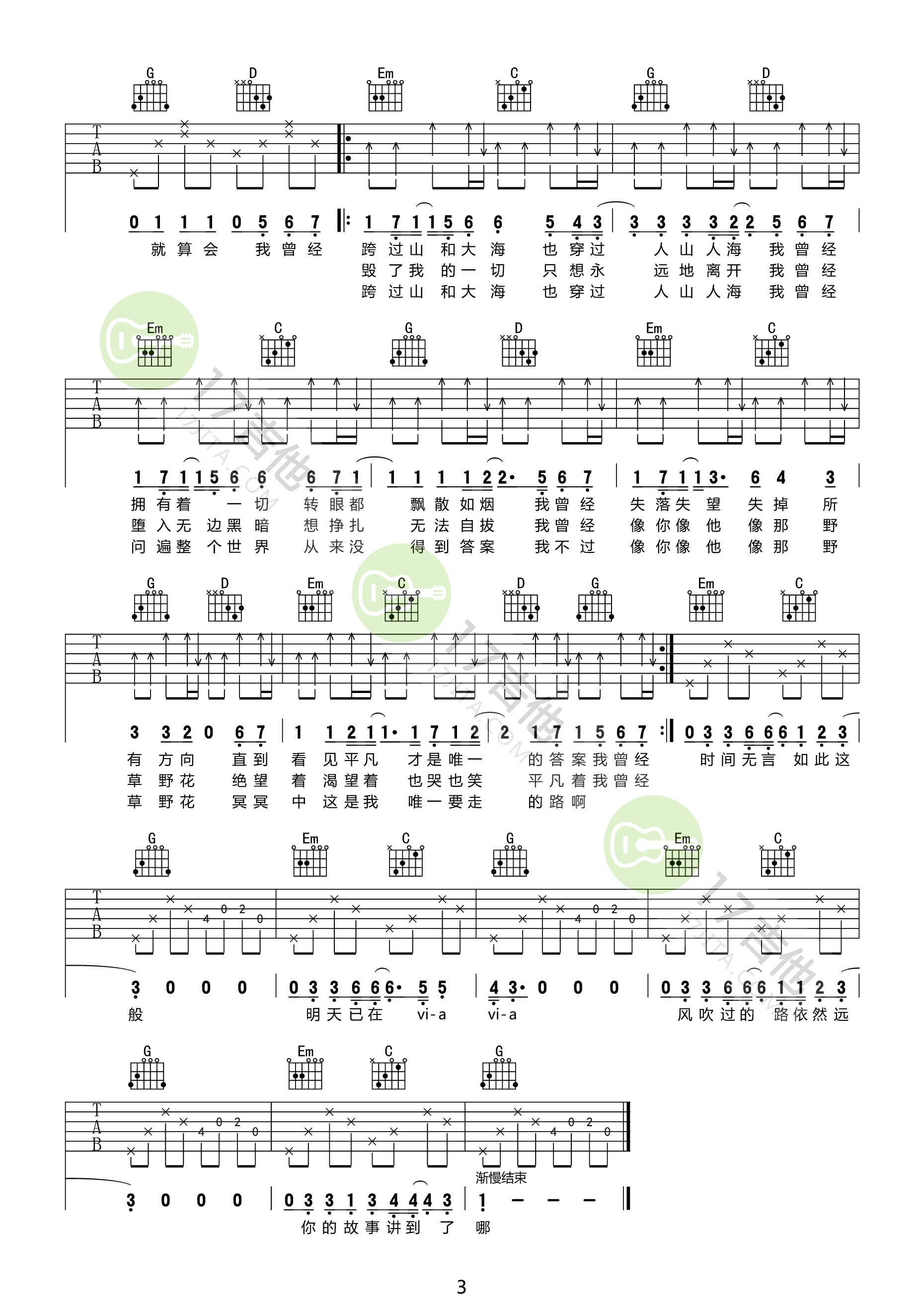 朴树_平凡之路_G调原版弹唱吉他六线谱