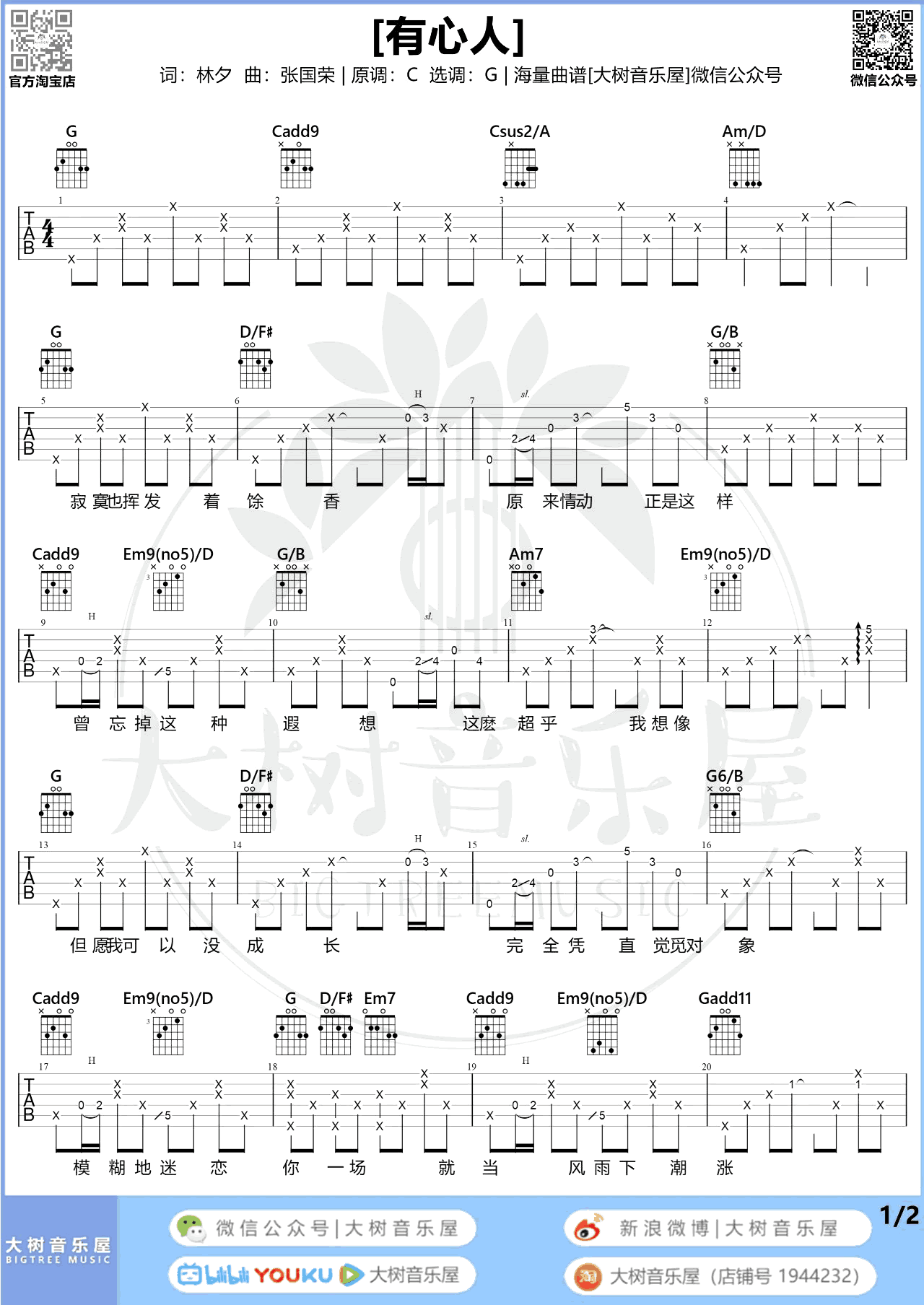 有心人吉他谱_张国荣_G调弹唱谱_吉他演示视频