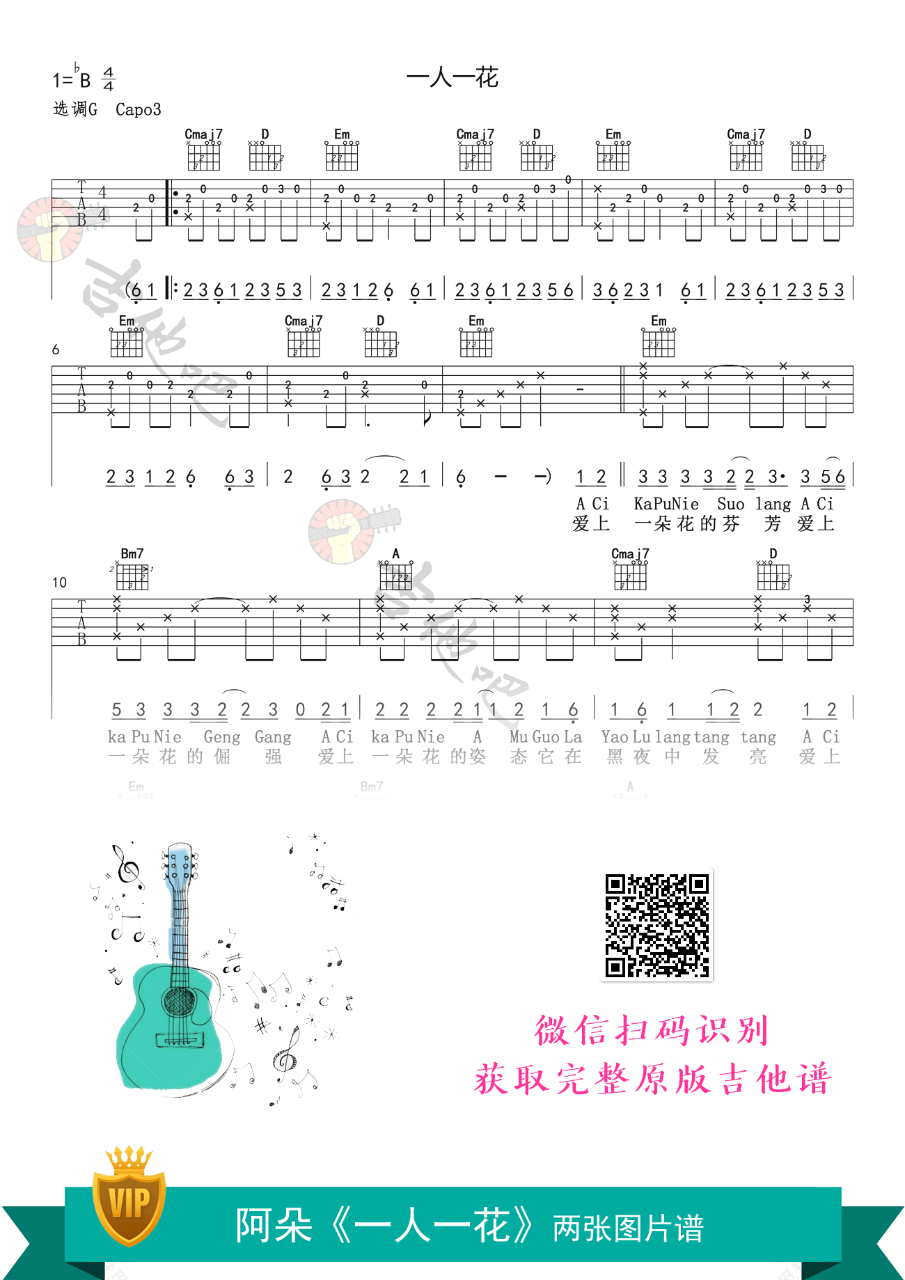 一人一花吉他谱_阿朵_G调指法_弹唱六线谱