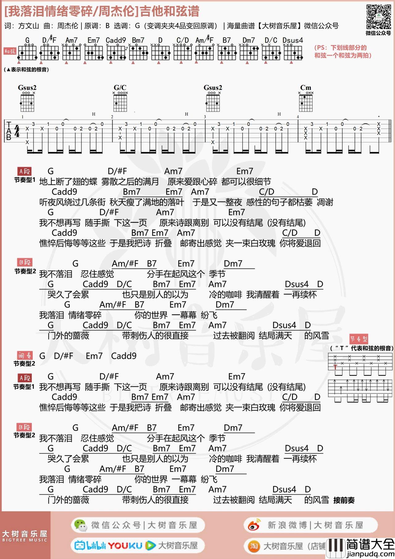 我落泪情绪零碎吉他谱_吉他弹唱视频教程_G调吉他谱