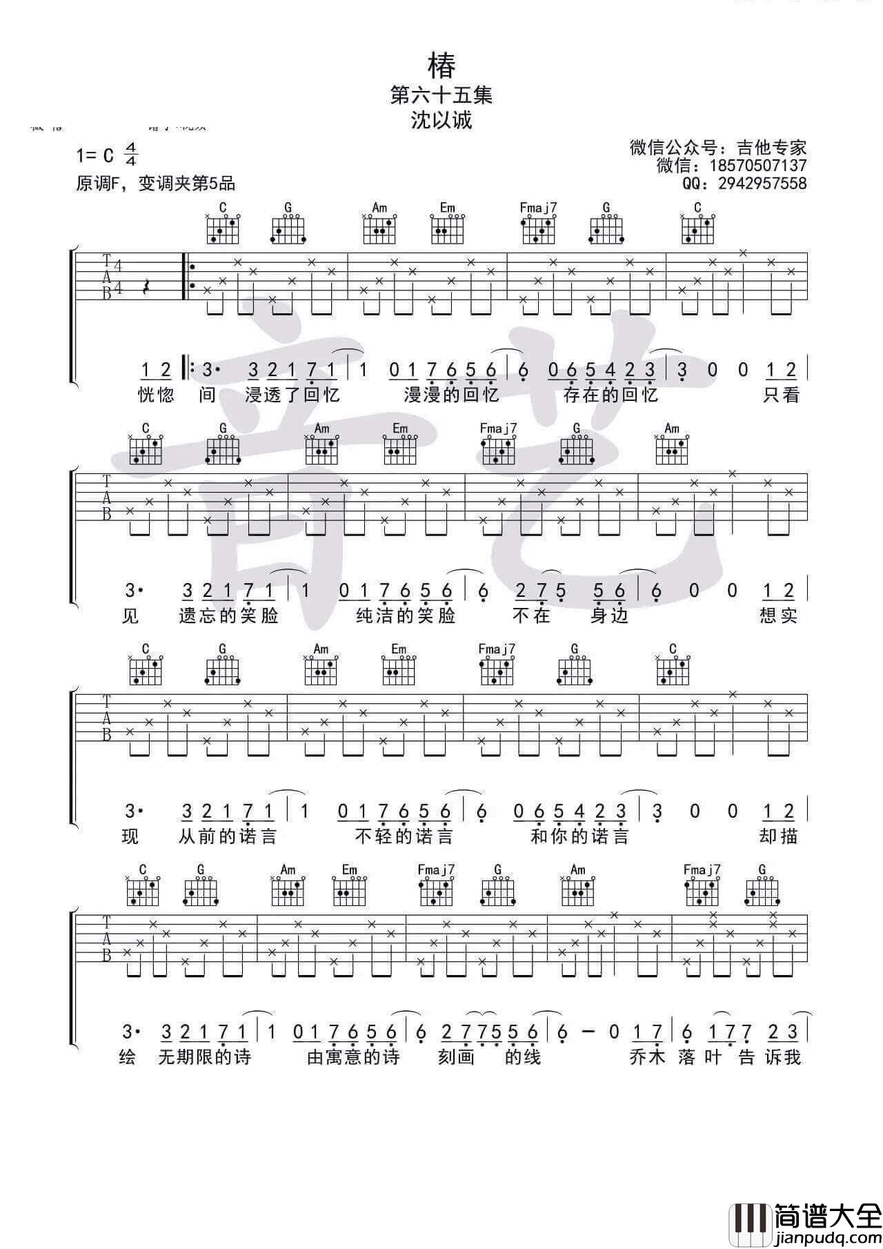 椿吉他谱_G调附视频_沈以诚