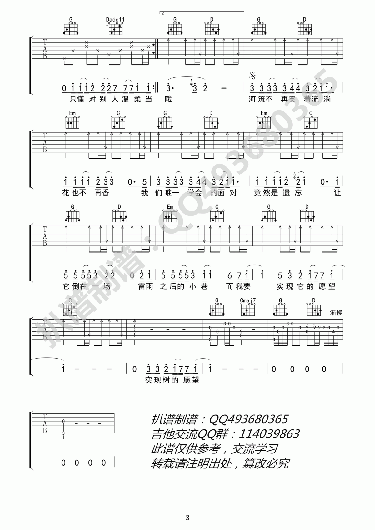 树读吉他谱_G调_王俊凯