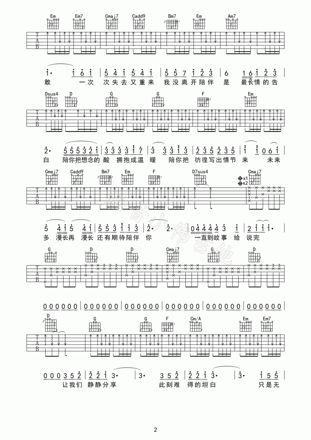 陪你度过漫长岁月六线谱G调简单版（适合入门练手）陈奕迅