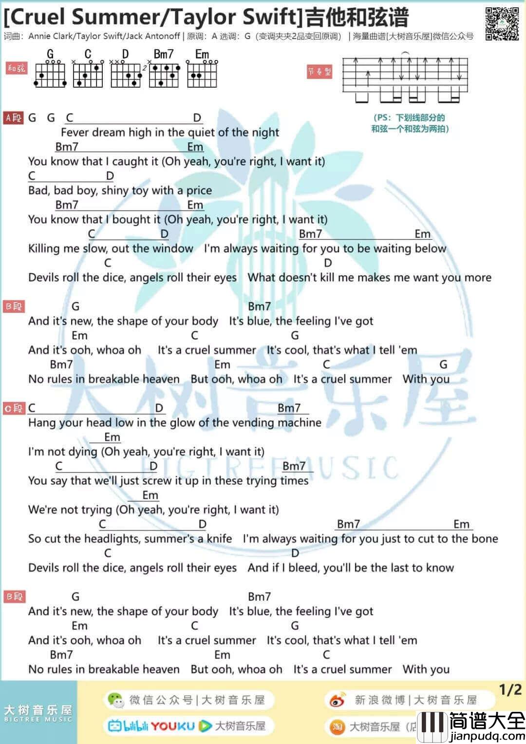 Cruel_Summer吉他谱_G调_Taylor_Swift