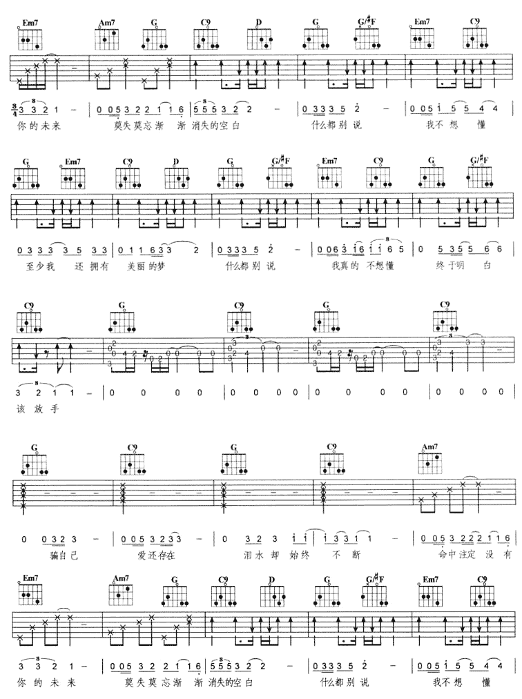 终于明白吉他谱_G调六线谱_附前奏_动力火车