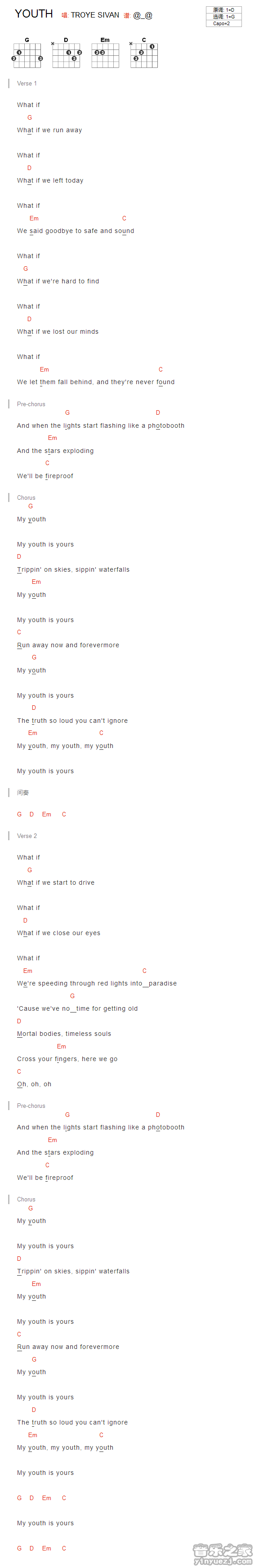 youth吉他谱_G调和弦谱_Troye_Sivan