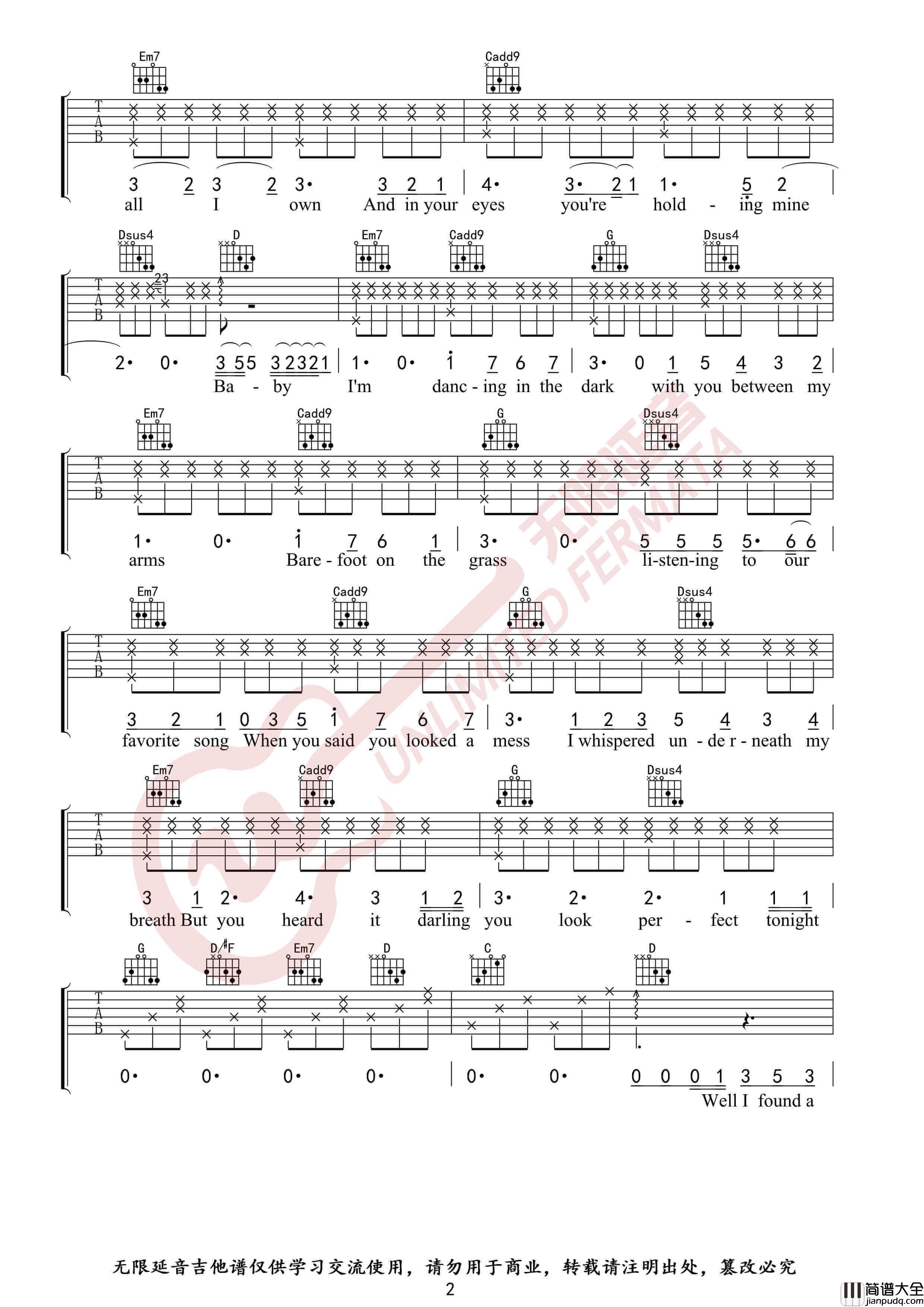 Perfect吉他谱_Ed_Sheeran黄老板_G调弹唱六线谱_无限延音