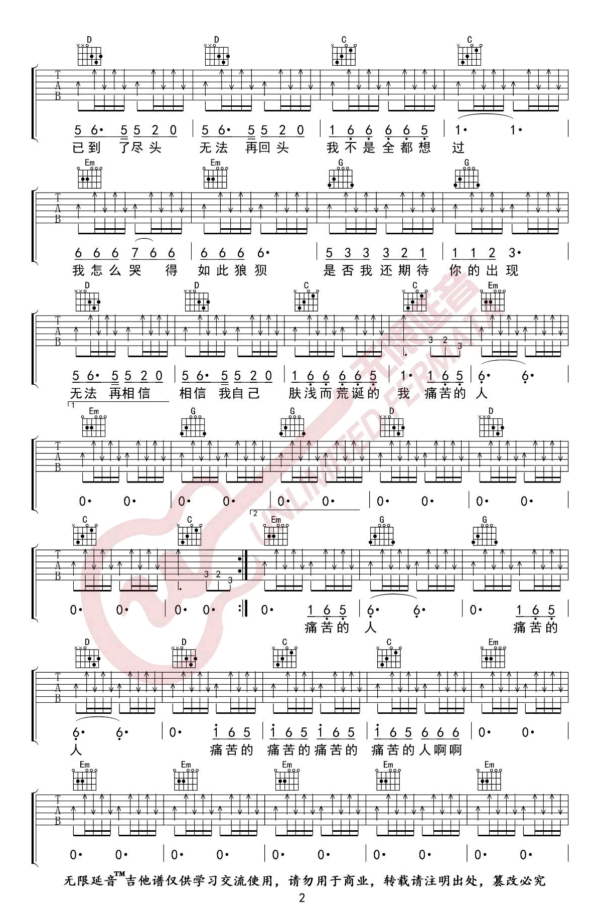 痛哭的人吉他谱_伍佰_G调弹唱谱_图片谱