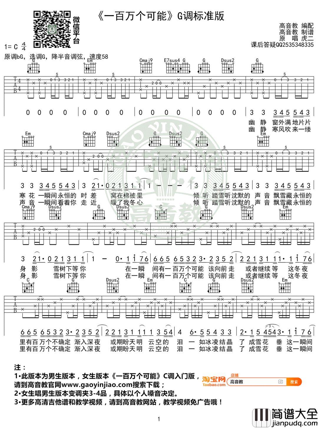 一百万个可能_G调吉他谱_曲肖冰