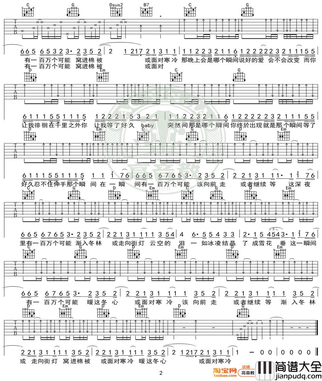 一百万个可能_G调吉他谱_曲肖冰