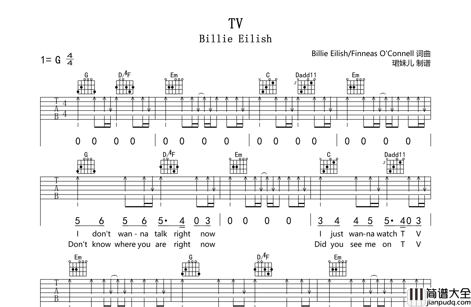 TV吉他谱_Billie_Eilish_G调扫弦版六线谱