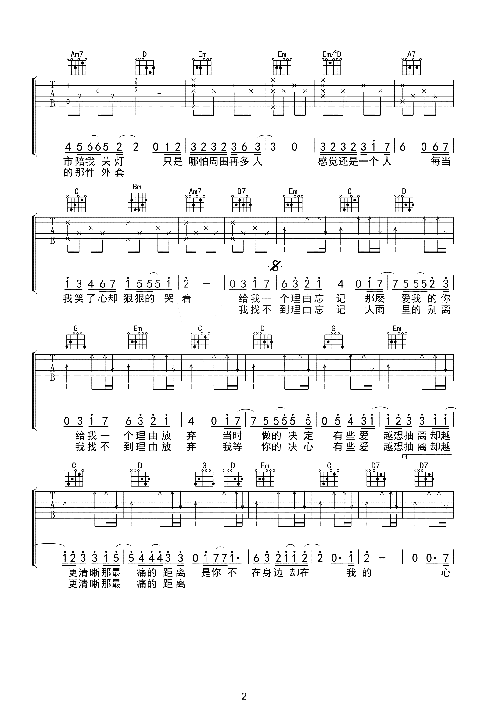 给我一个理由忘记吉他谱_A_Lin/黄丽玲_G调弹唱六线谱