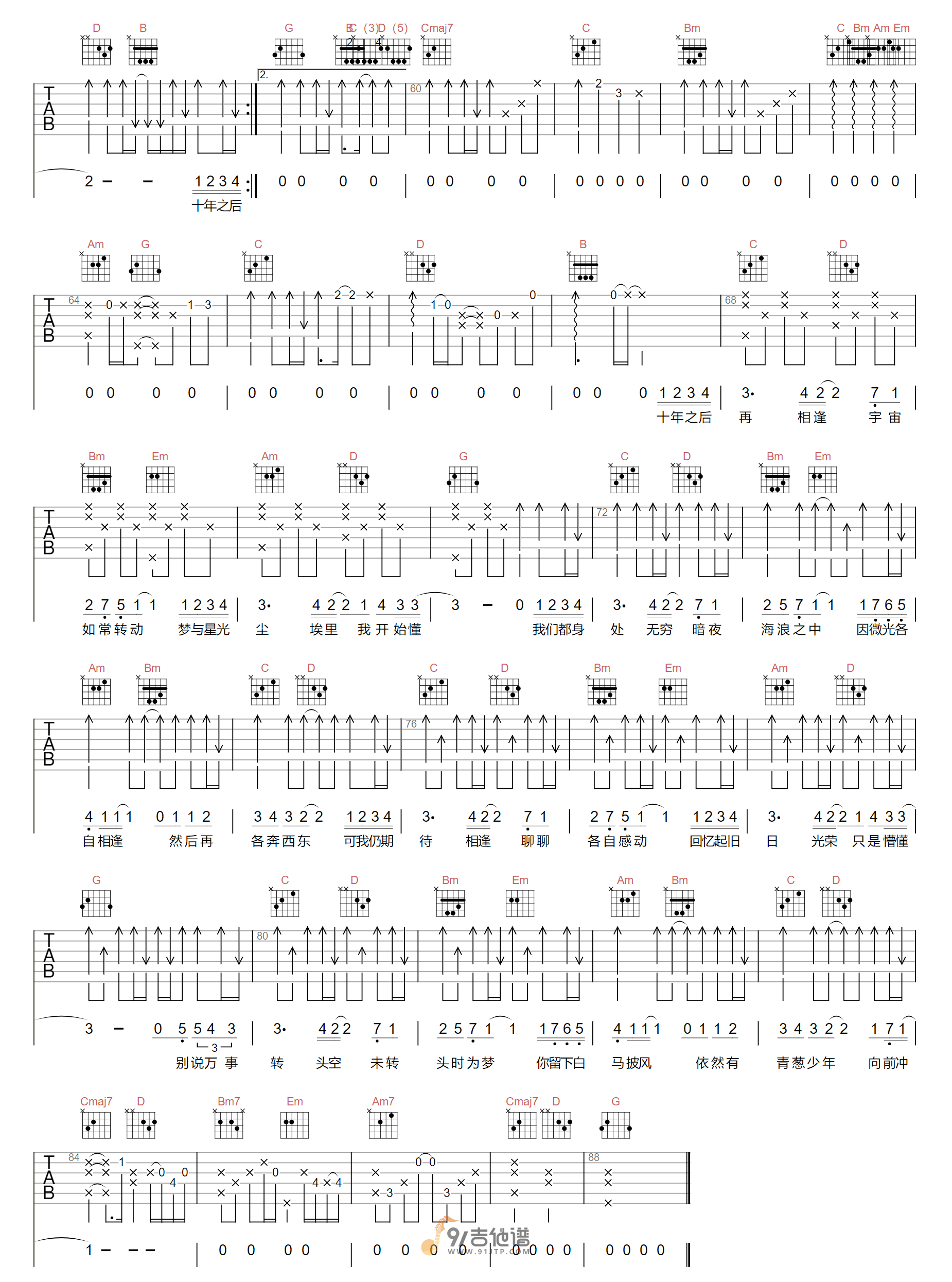 鞠婧祎_以十洲的名义_吉他谱_G调指法原版编配_民谣吉他弹唱六线谱