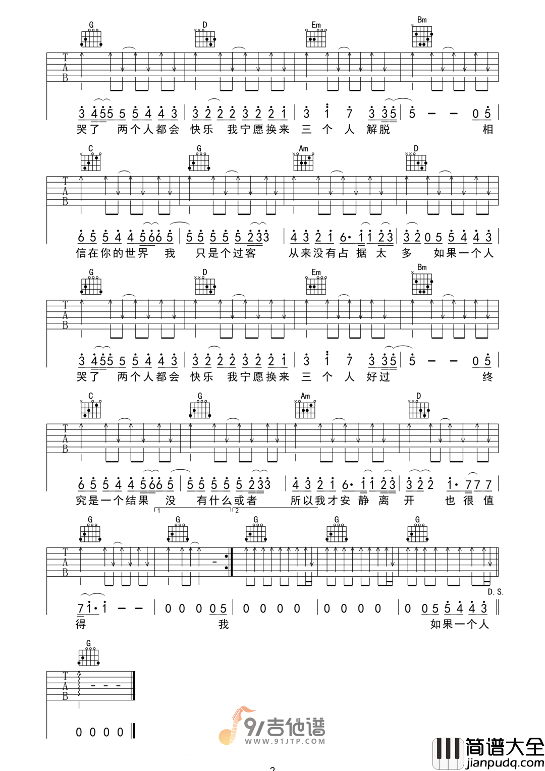 付豪_也很值得_吉他谱_G调指法原版编配_民谣吉他弹唱六线谱