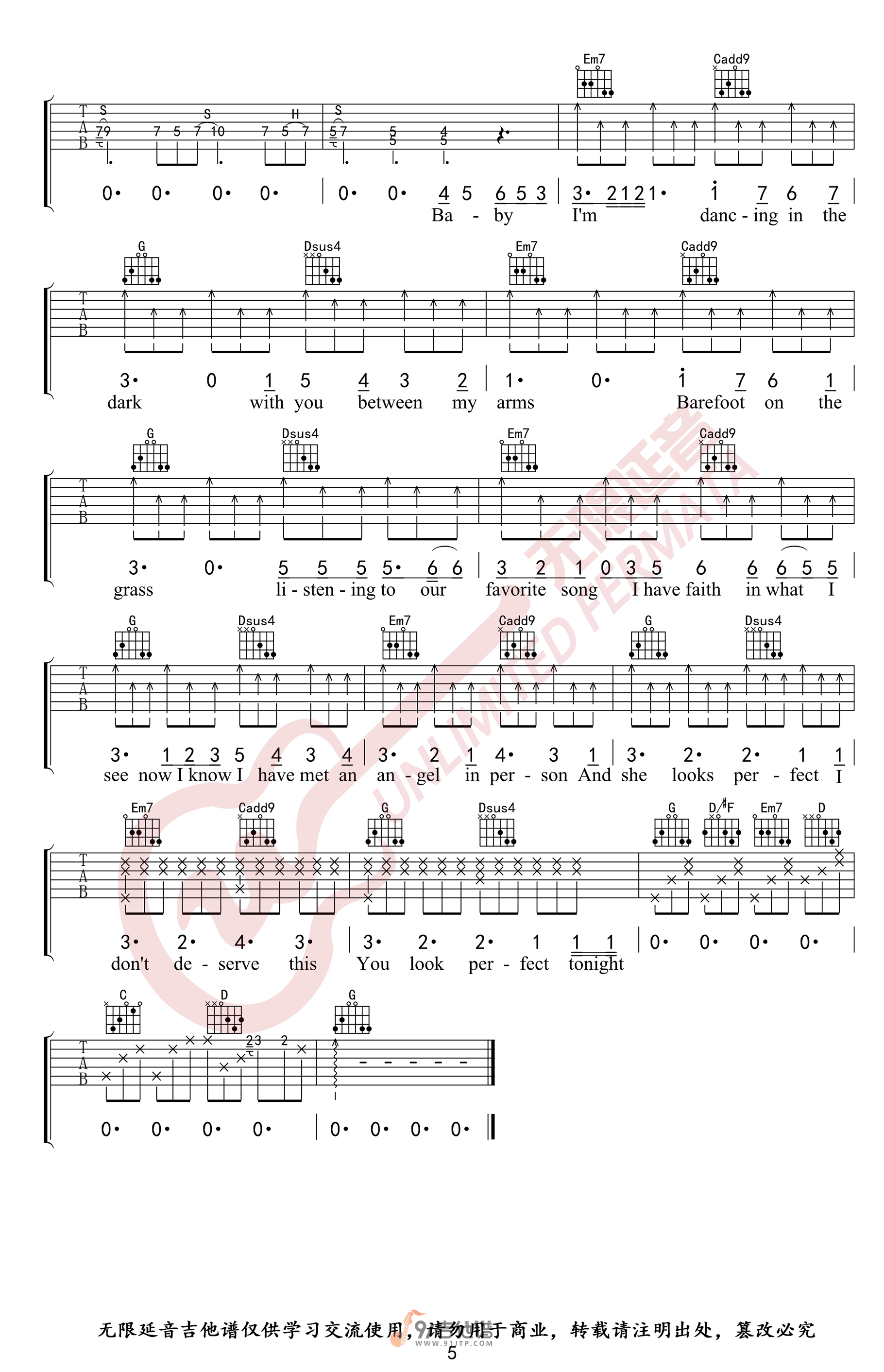 Ed_Sheeran_Perfect_吉他谱_G调指法原版编配_民谣吉他弹唱六线谱