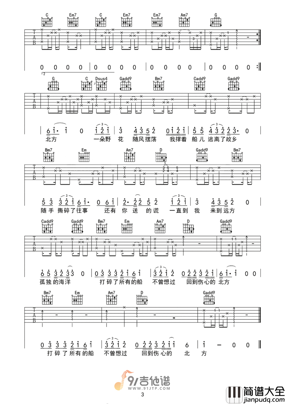 倪健_北方_吉他谱_G调指法原版编配_民谣吉他弹唱六线谱