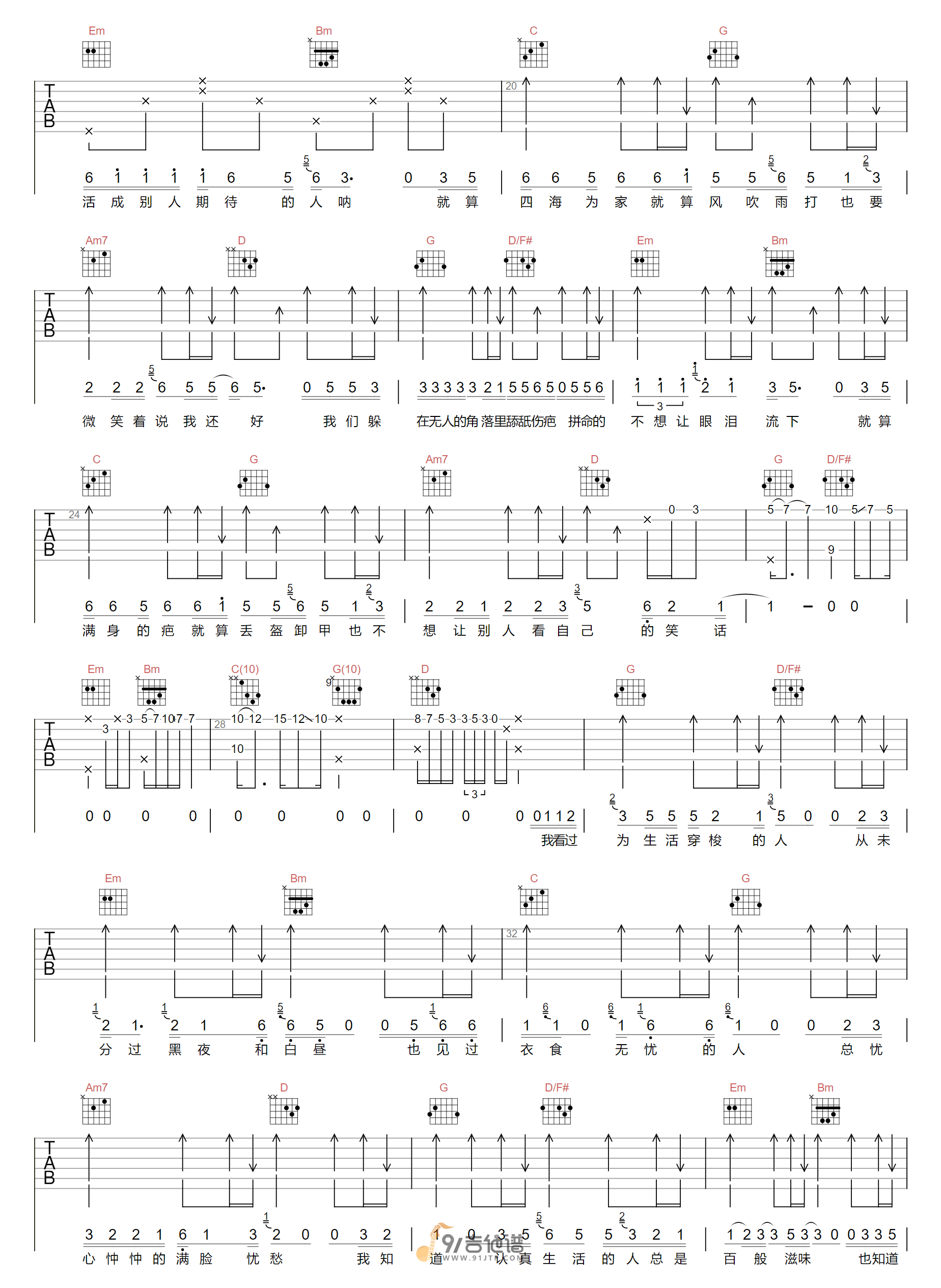 曾抖抖_平凡日子里的挣扎_吉他谱_G调指法原版编配_民谣吉他弹唱六线谱