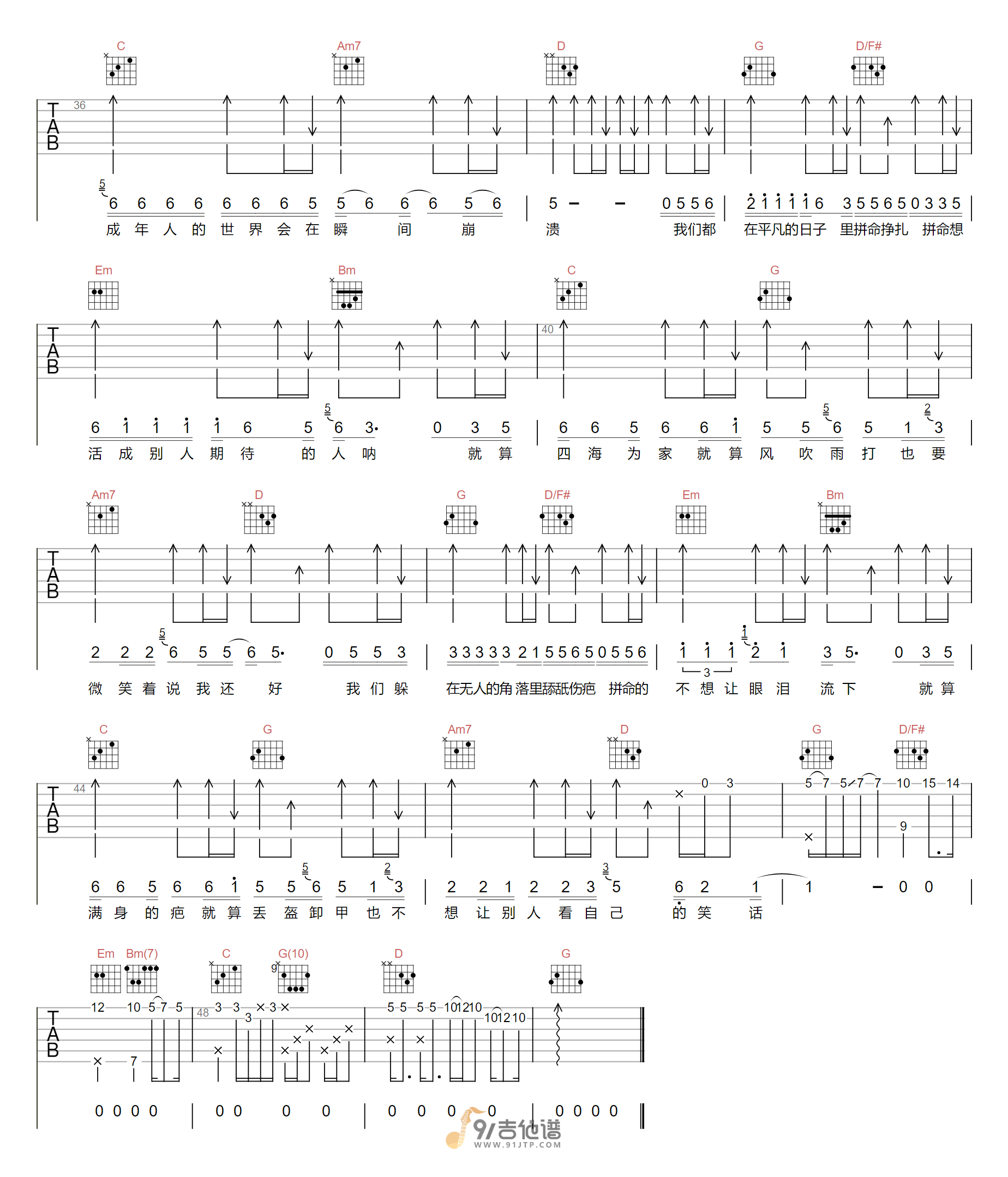 曾抖抖_平凡日子里的挣扎_吉他谱_G调指法原版编配_民谣吉他弹唱六线谱