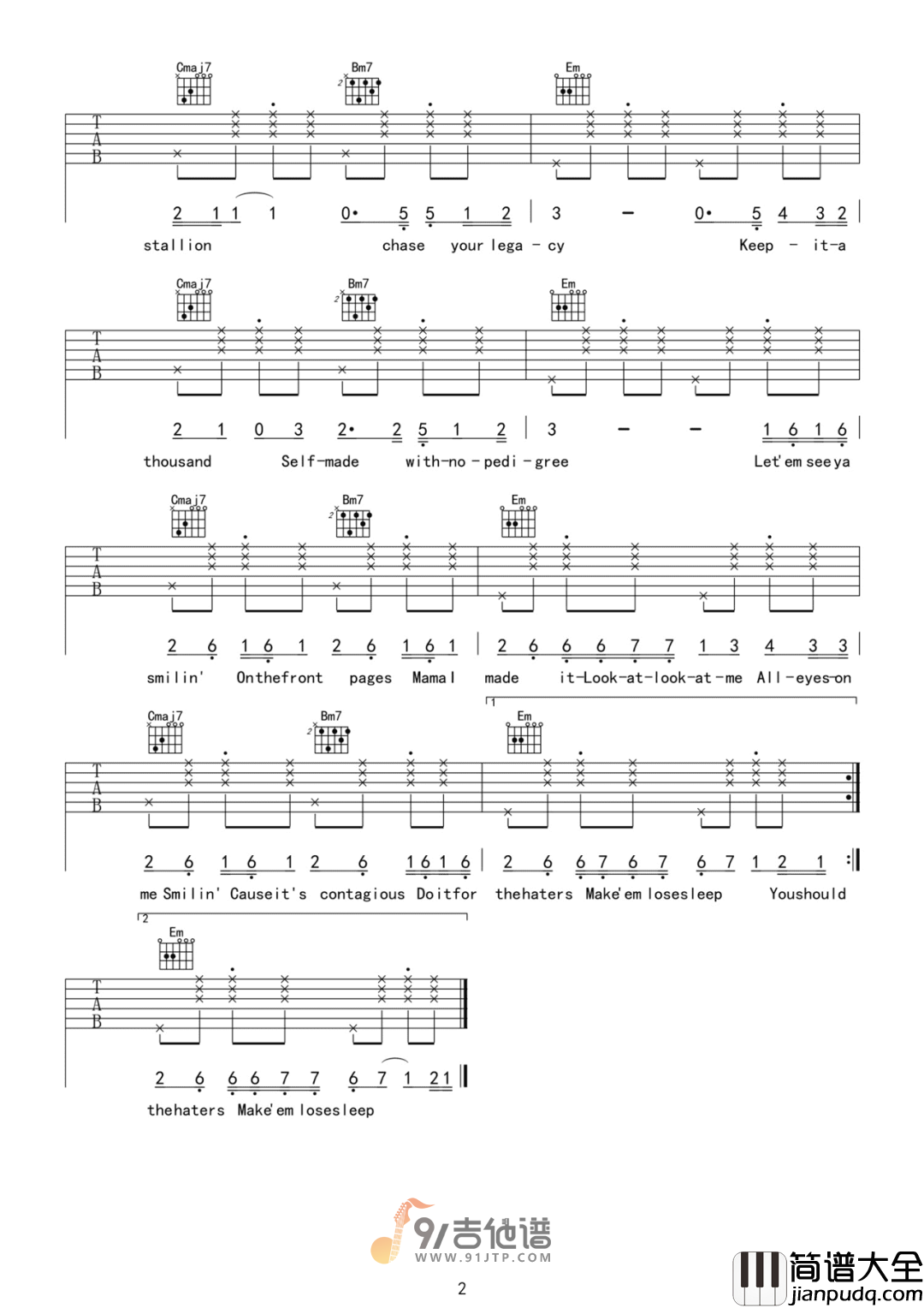 一条淡水鱼_Bet_On_Me_吉他谱_G调指法原版编配_民谣吉他弹唱六线谱