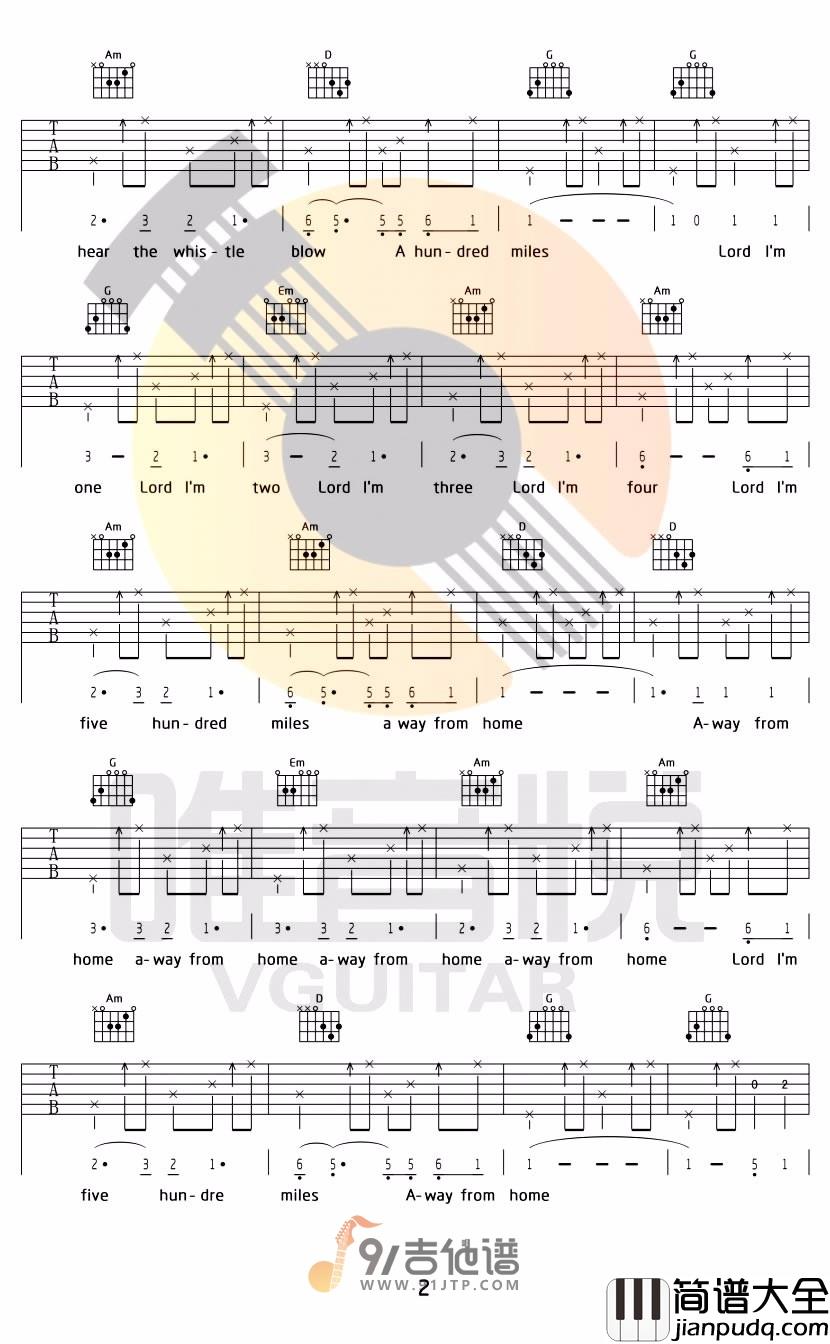 Five_hundred_miles_500miles_吉他谱_G调指法原版编配_民谣吉他弹唱六线谱